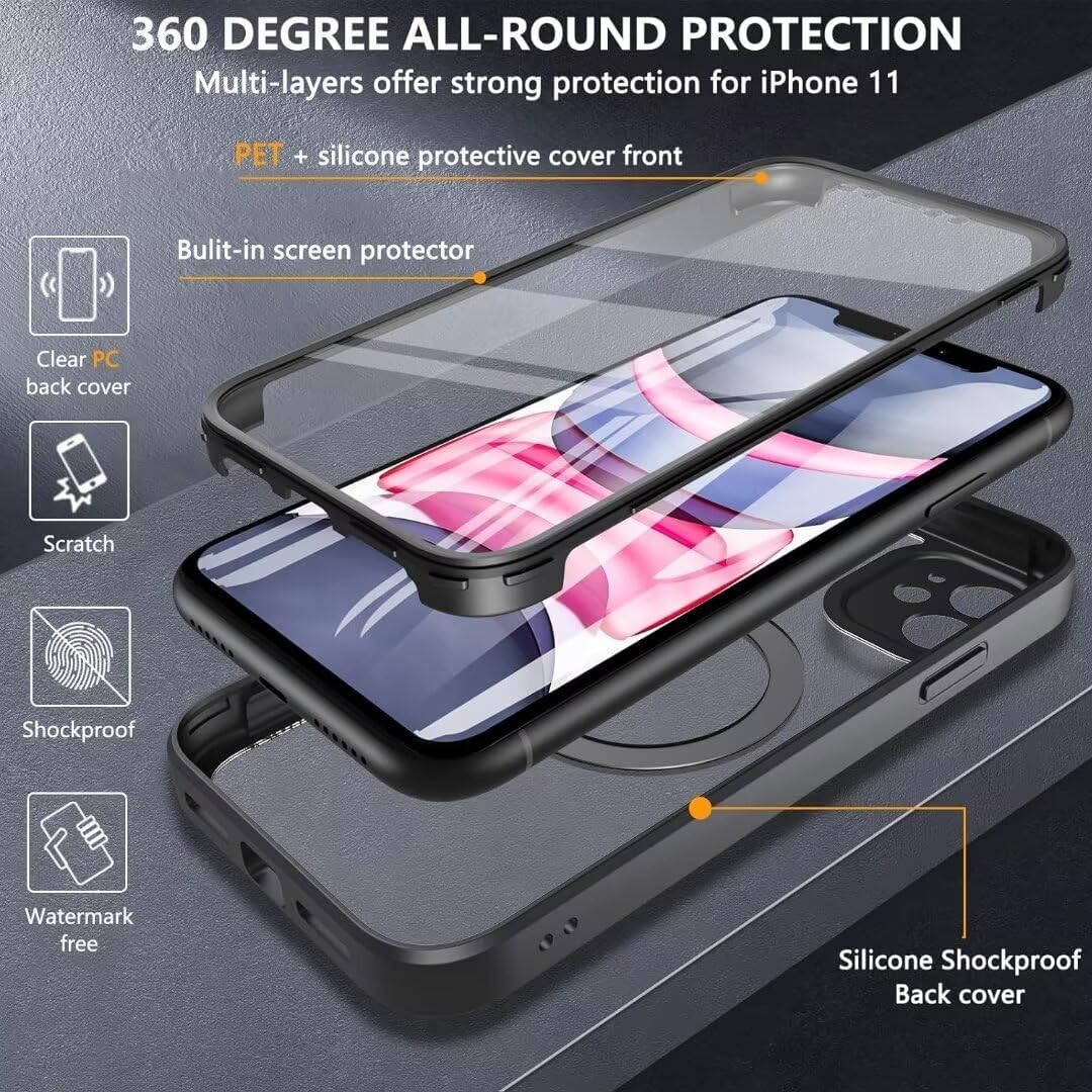 Aithne Case for Iphone 11, Compatible with Magsafe Full Body Protective Case with Built-In Screen Protector, Camera Protection Case, Shockproof Full Body Mobile Phone Case, Black