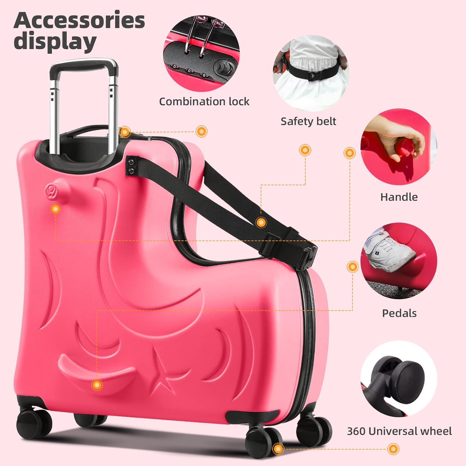 AO WEI LA OW N-A Kids Ride on Suitcase with Wheels, Scooter Luggage for Toddlers Travel, Durable Children'S Suitcase for Boys & Girls Ages 2-12 Years, Red, 24Inch, Hardside Kids Luggage with Double image number 7