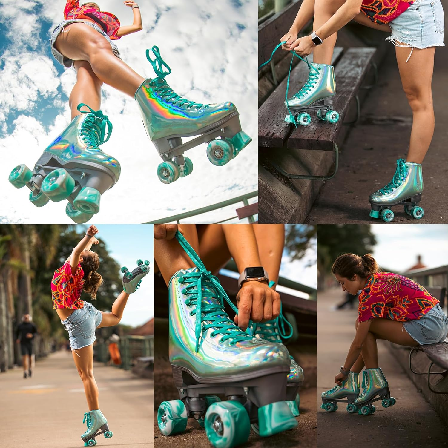 Jajahoho Roller Skates for Women, Mint Green Holographic High Top Faux Leather Rollerskates, Shiny Double-Row Four Wheels Quad Skates for Girls and Age 8-50 Indoor Outdoor