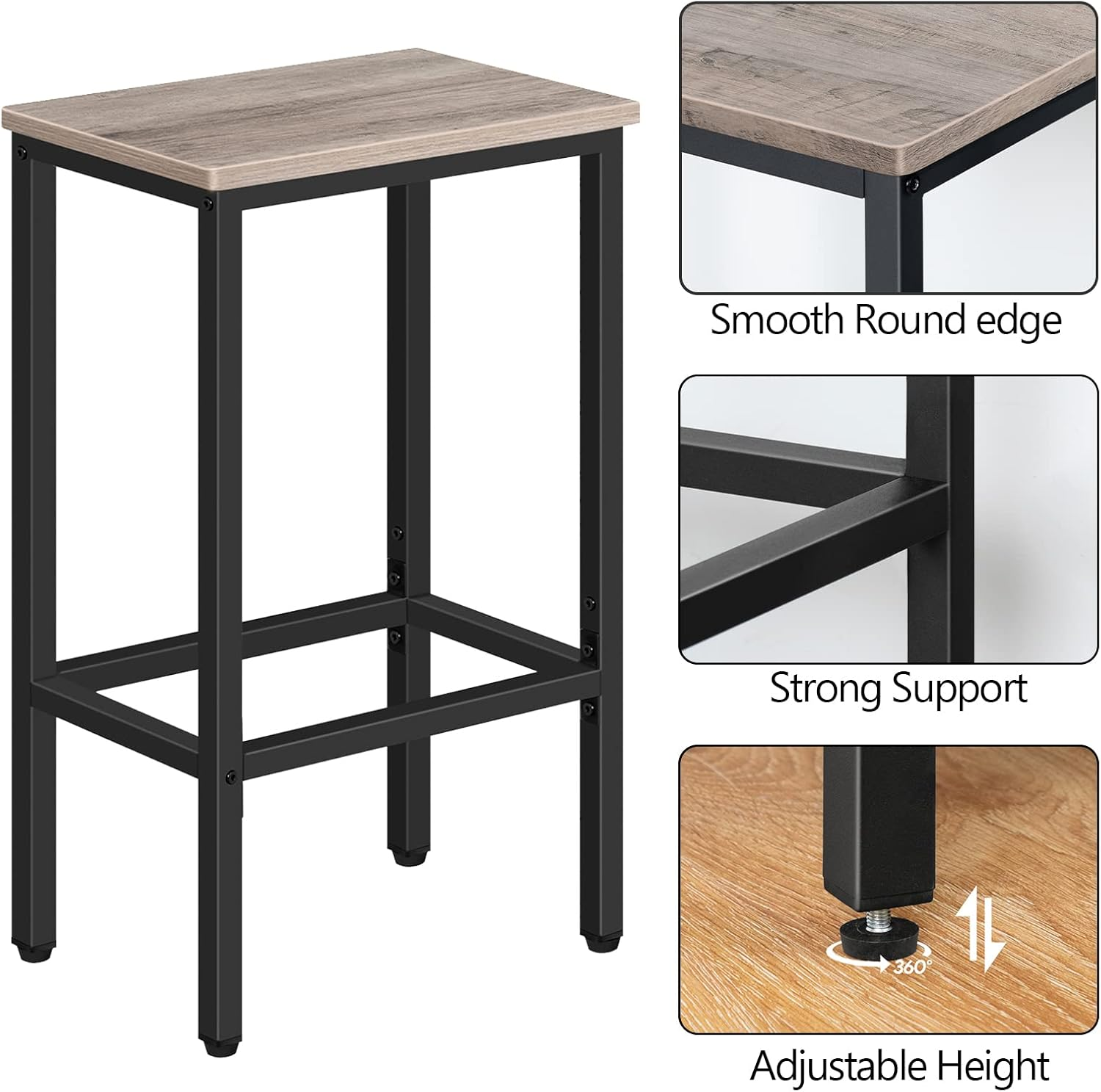 MAHANCRIS Bar Stools, Set of 2 Bar Stools, Kitchen Breakfast Bar Stools with Footstools, 65.5 Cm Dining Stool, Rectangular Industrial Bar Stools for Dining Room, Kitchen, Greige ABAHG0101Z