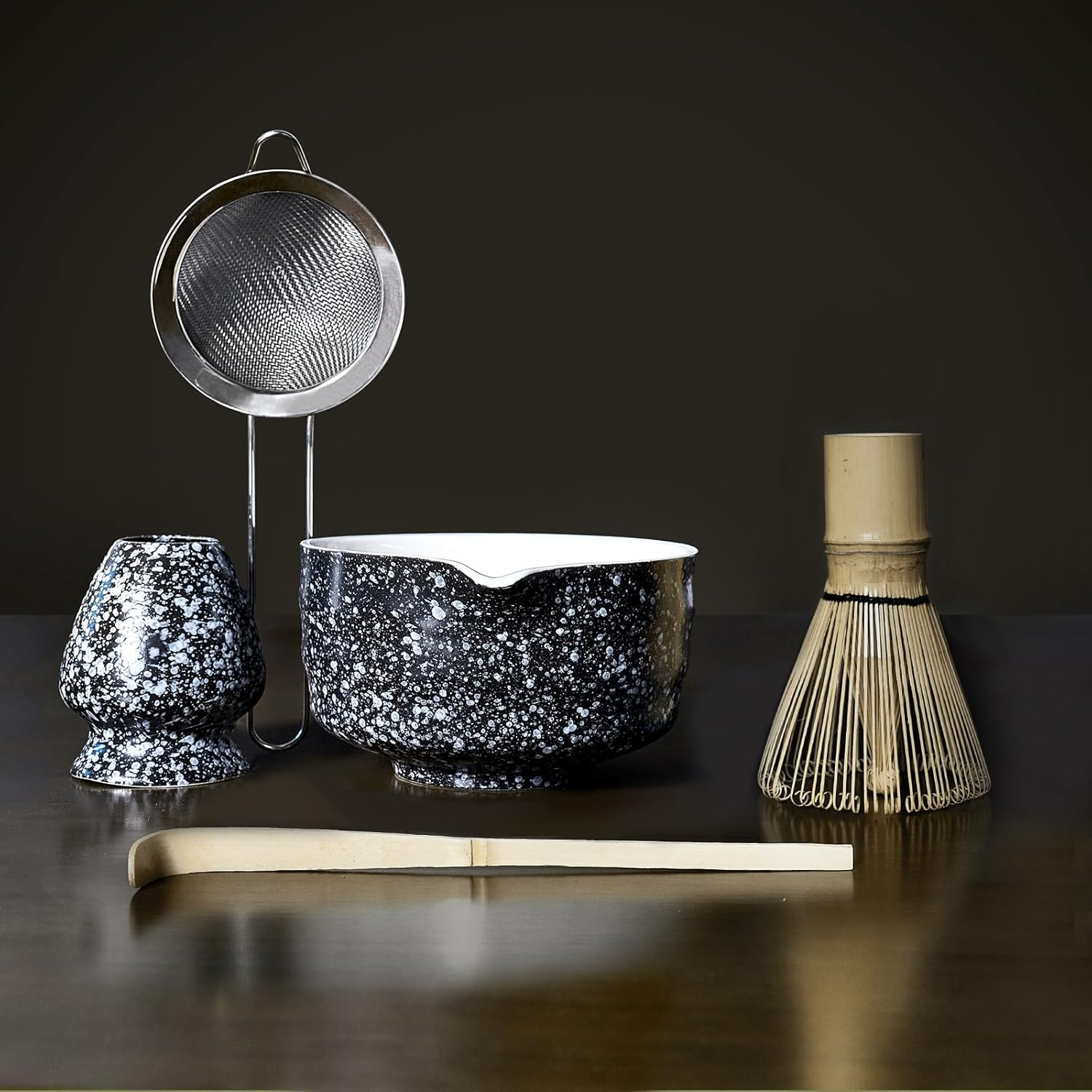 5 Pcs Matcha Whisk Set, Ceramic Matcha Whisk for Tea Ceremony, Matcha Set Whisk and Bowl, for Matcha Lover and Starters(Spotty Black)