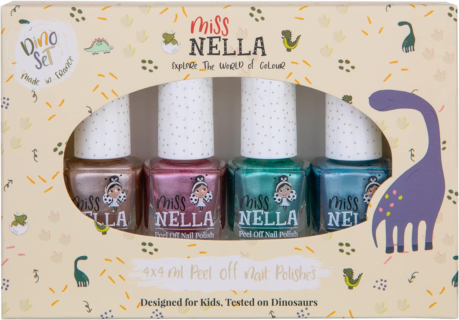 Miss Nella Magic Safari Glitter Nail Polish Set of 4: Pink, Red, Purple & Blue, Peel-Off Nail Polish Especially for Children, Peel-Off Formula, Non-Toxic, Water-Based and Odourless (Dino) image number 4