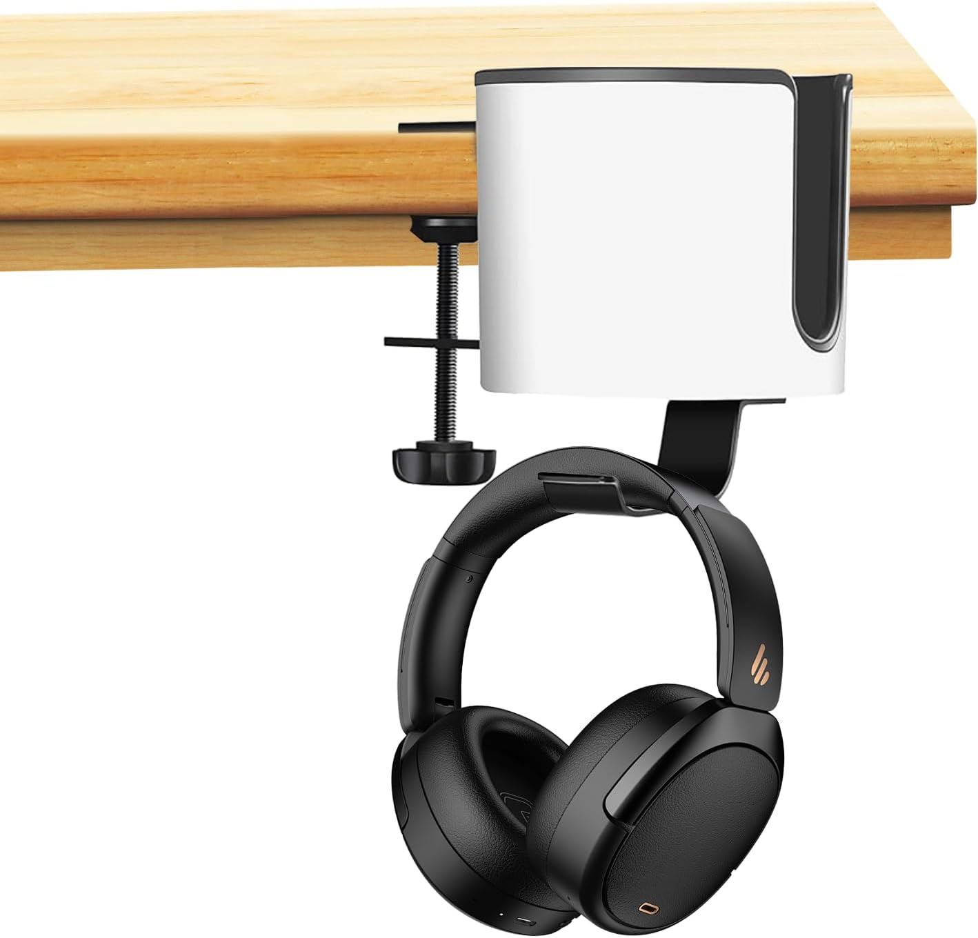 Desk Cup Holder Luxury 2-In-1 Anti-Spill Cup Holder with under Desk Headphone Hanger Holder with Durable Clamp on Desk Organizer (White)