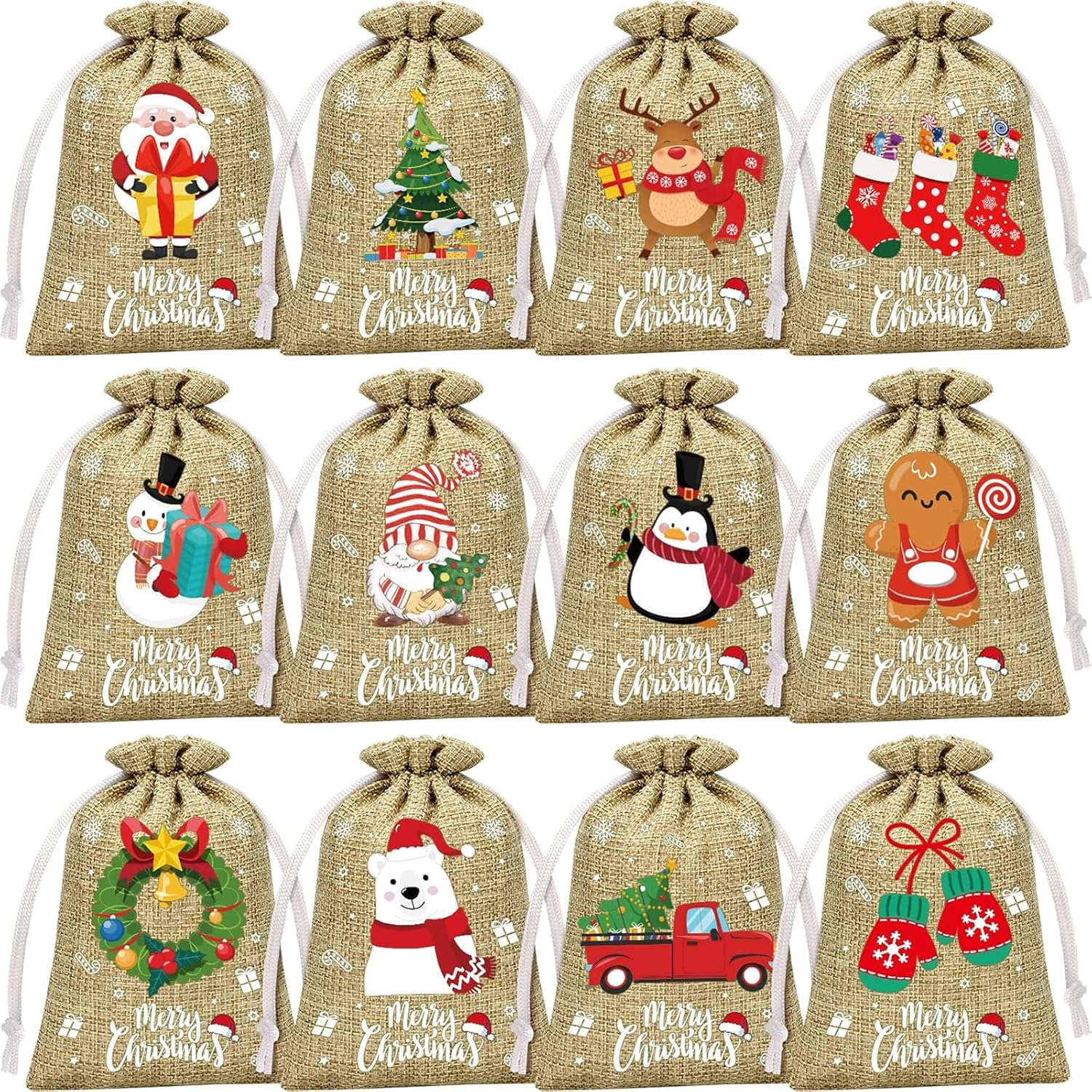 24 Pcs Christmas Jute Burlap Gift Bags with Drawstring, 12 Designs,4X5.5 Inches (10 X 14 Cm) Small Gift Jute Christmas Candy Bags for Christmas Parties and Other Holiday Occasions.