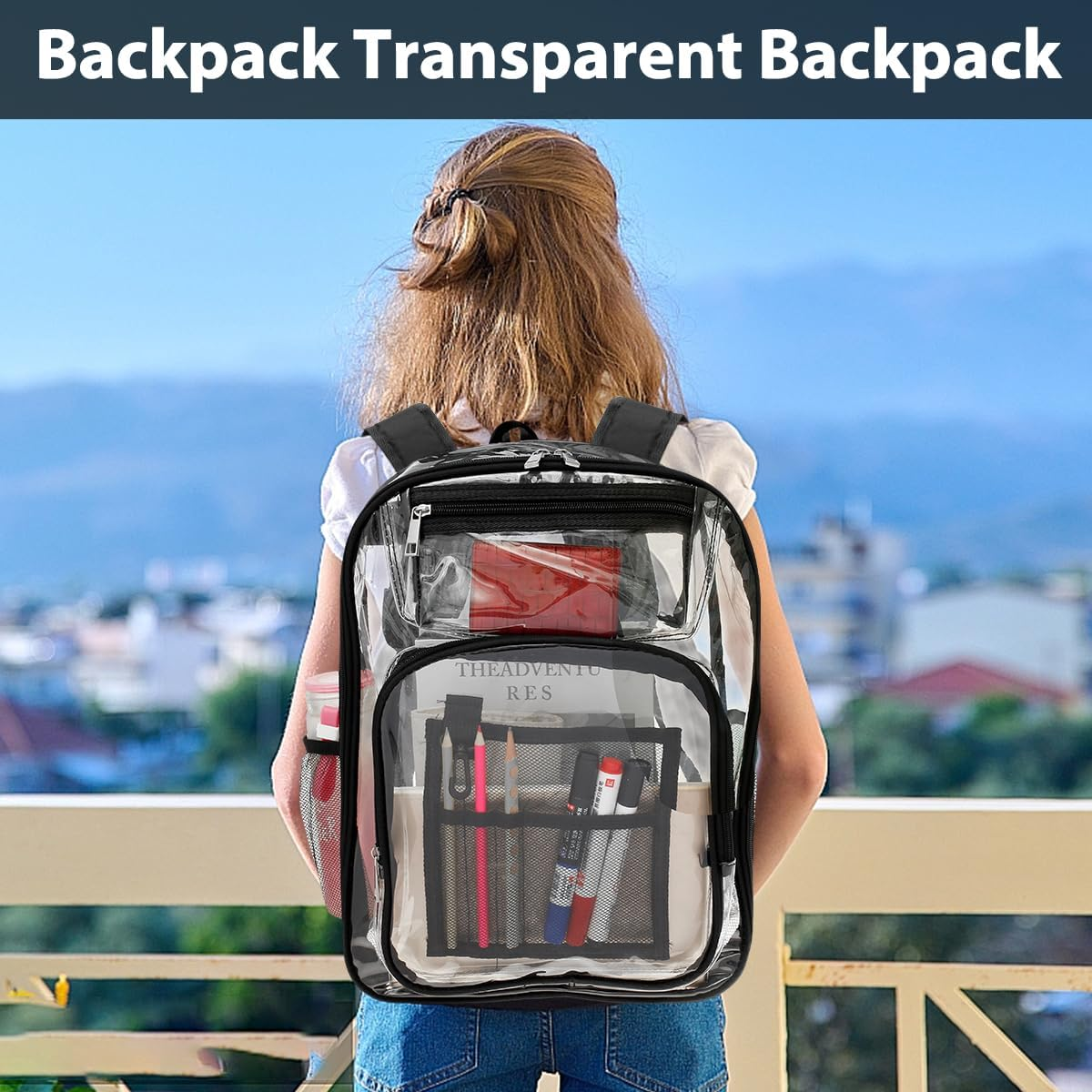Clear Backpack Transparent Durable PVC Book Bag with Multiple Pockets Reinforced Stitching See through Backpack with Adjustable Shoulder Strap Waterproof Large Capacity School Bag image number 6