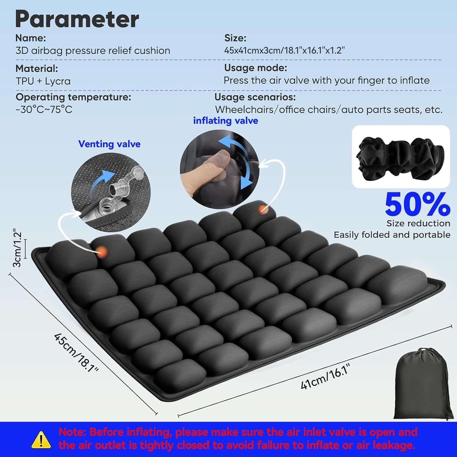 Portable Travel Cushion, 3D Air Cell Seat Cushion for Pressure Relief, Manual Press Inflateable Seat Cushion for Airplane Wheelchair, Car Set, Office Chair image number 6