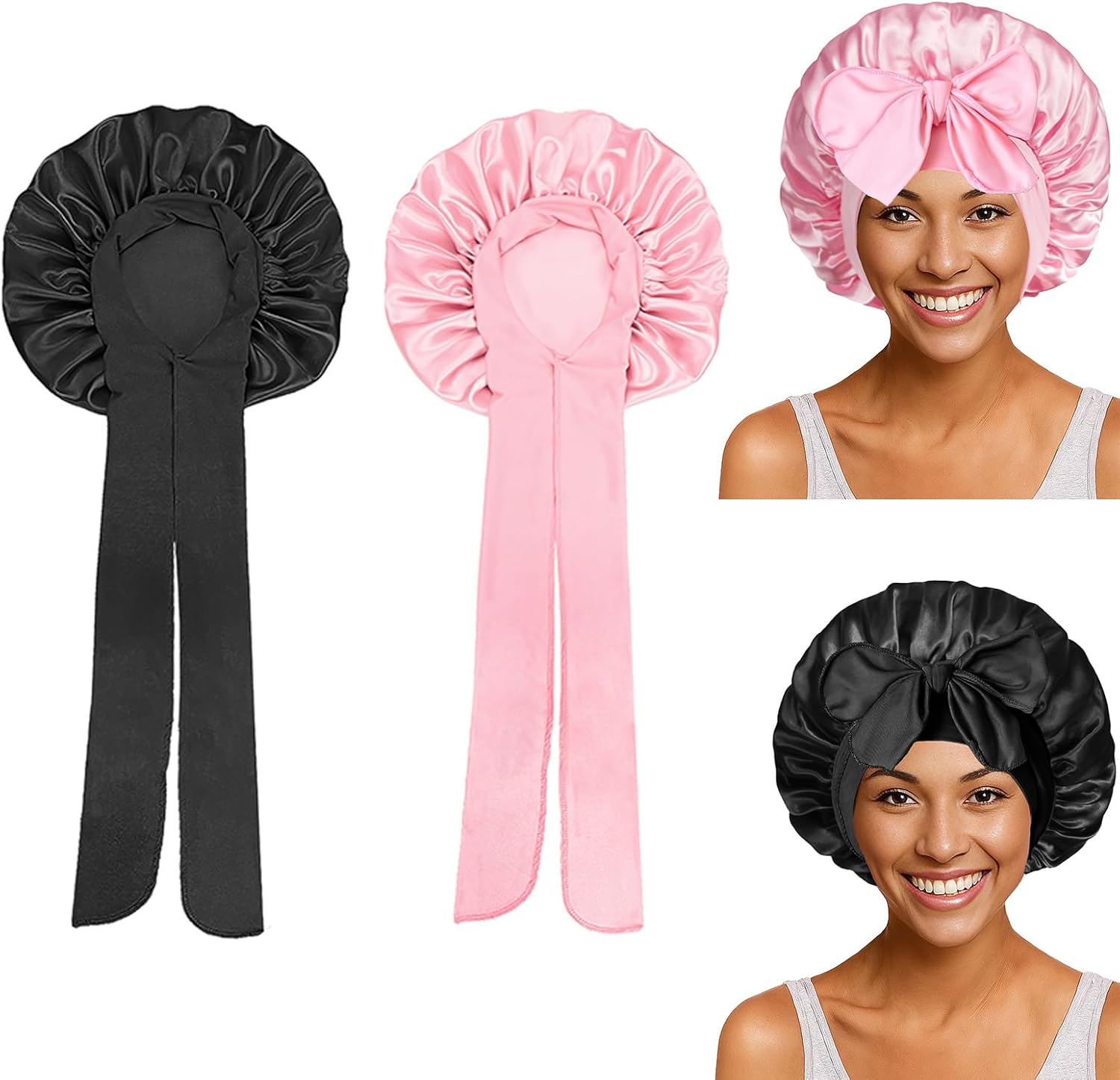 Waytiffer 2PCS Satin Silk Bonnet for Sleeping Jumbo Satin Bonnet, Silk Hair Bonnets Night Sleep Cap for Large Satins Shower Cap for Women （Black&Pink） image number 4