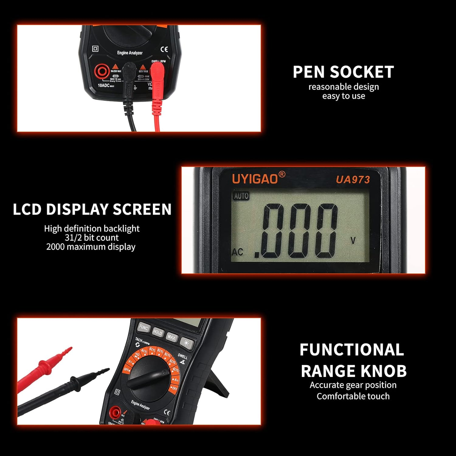 Car Multimeter, UA973 Digital Automotive Multimeter Tester Meter NCV TRMS 2000 Counts Engine Analyser Multimeter image number 6
