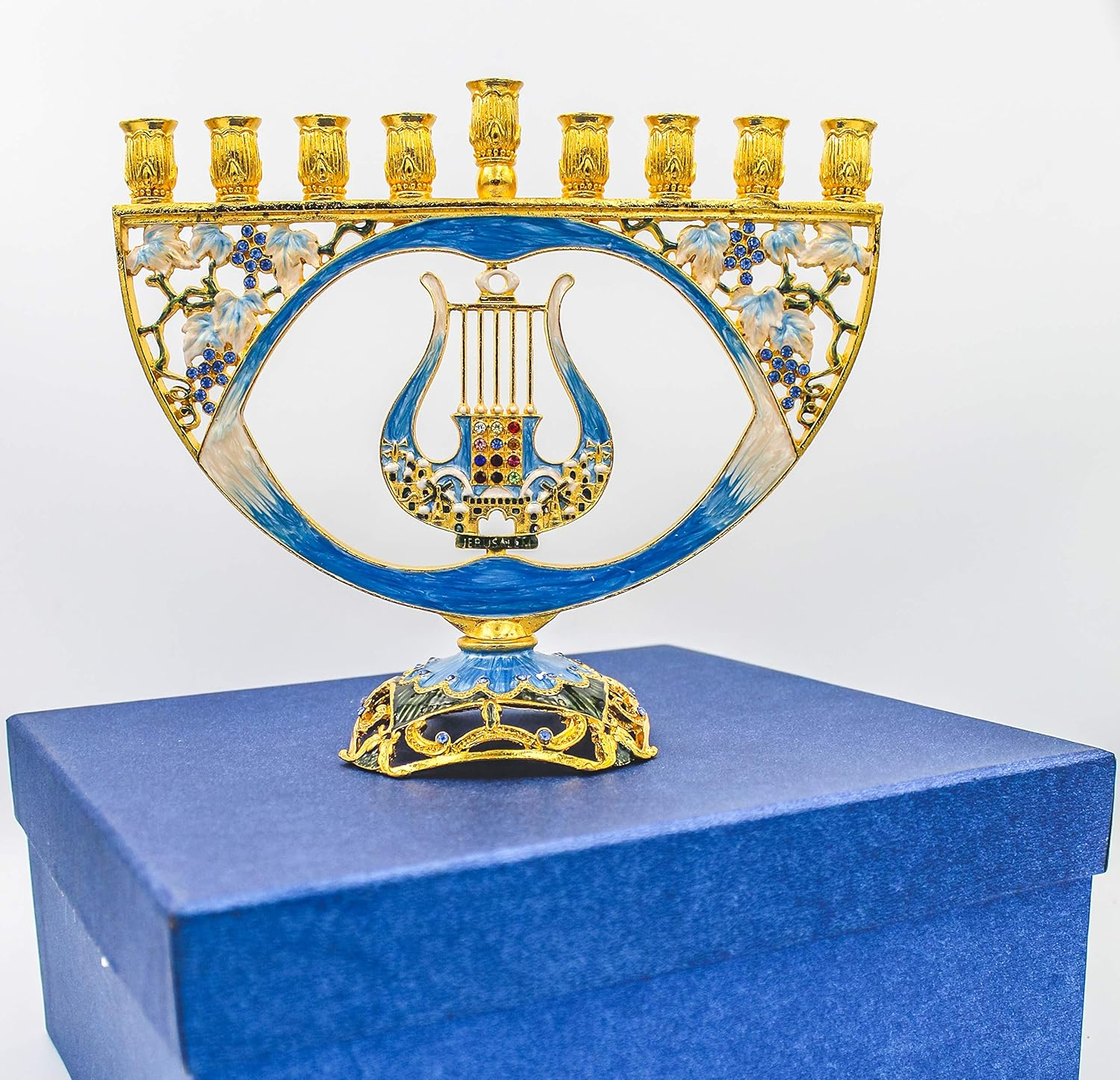The Dreidel Company Menorah - Jeweled 8&rdquo; - Artistic Jeweled Menorah - Mosaic Blues and Gold Plating - Jeweled Hanukkah Menorah with Harp of King David and Hoshen image number 4