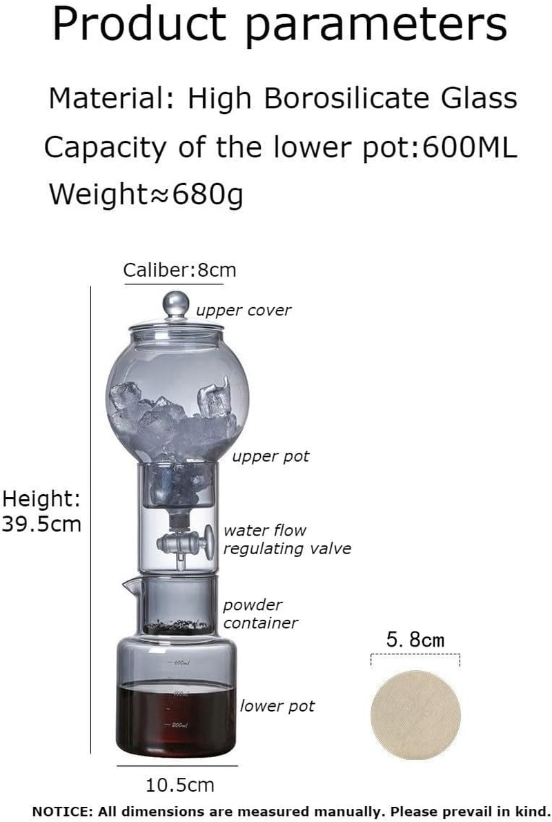 POPULUSL Ice Drip Coffee Maker, Pure-Transparent Cold Brew Coffee Maker, High Boron Glass Household Ice Water Cold Brew 600Ml Coffee Pot with Coffee Paper Filter for Home Office, Adjustable Water Flow image number 5