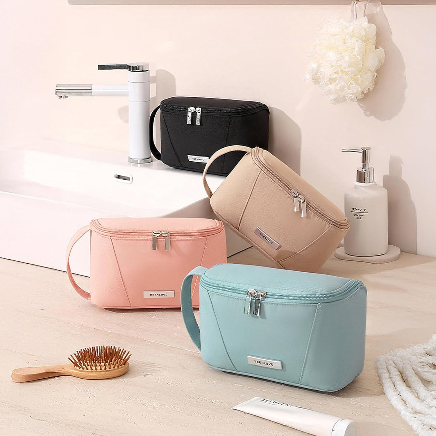 Supcomsta Makeup Bag,Large Capacity Storage Cosmetic Bag Waterproof for Women Travel Toiletry Bag Skin Care Cosmetics Toiletries (Khaki) - Pink image number 7