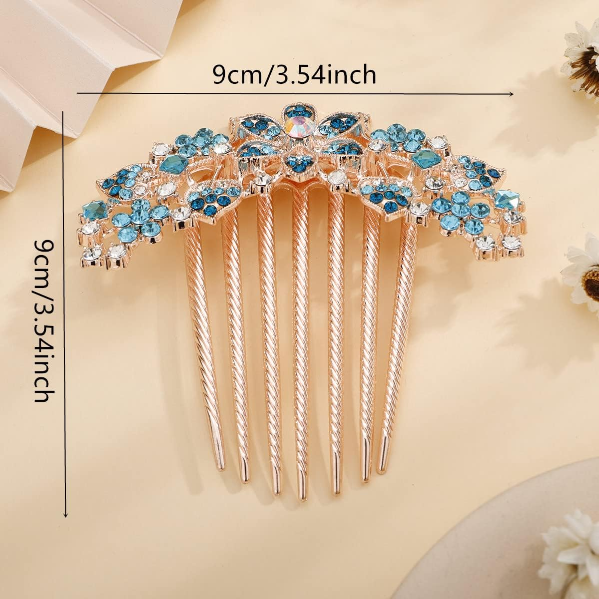 Jumwrit Crystal Bride Wedding Hair Comb Love Heart Leaf Colorful Rhinestone Flower Hair Side Comb Rose Gold Hair Clip Comb Floral Vintage Bridesmaid Headpiece Bridal Hair Jewelry for Women Girls(Blue) image number 4