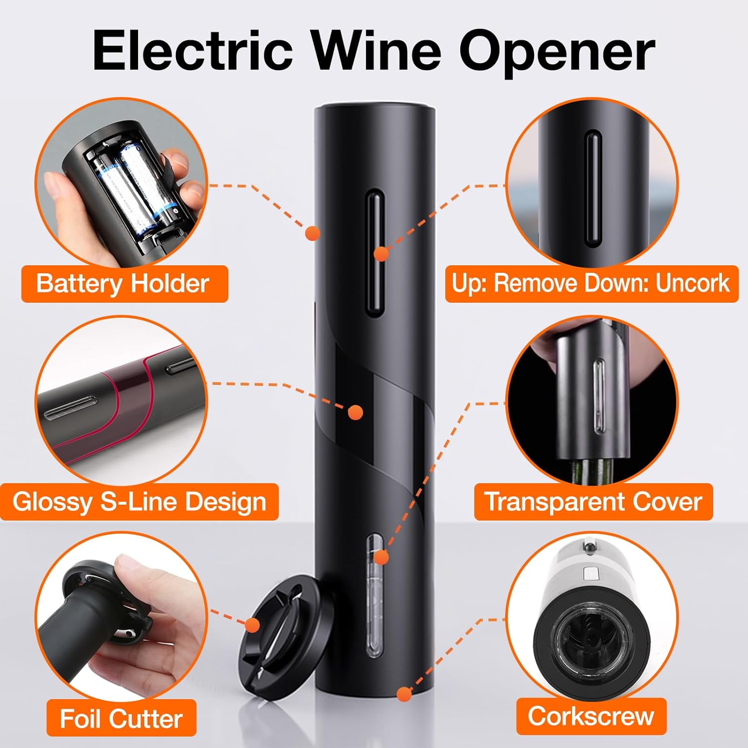 Electric Wine Opener, Battery-Powered, Cork Puller, Foil Cutter Included, Simple Design, Effortless and Enjoyable Wine Cork Removal, Convenient Wine Accessory, Best Choice for Wine Lovers(Black) image number 1