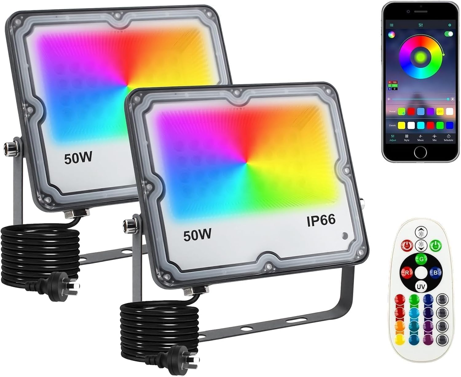 RGB LED Flood Light, 2 Pack 50W Smart RGB Color Changing Floodlight Outdoor, IP66 Waterproof Bluetooth App Control Stage Light, Dimmable RGB Lights for Party, Garden, Terrace, Christmas image number 3