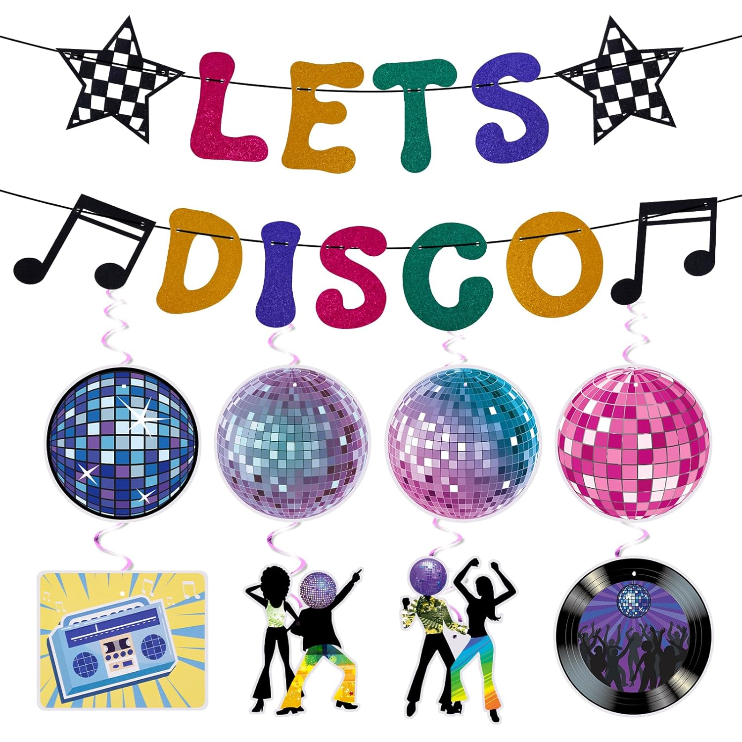 Lets Disco Party Decorations, Banner and Hanging Swirls Disco Themed Party Decorations 60S 70S 80S 90S Party Decor for Disco Themed Birthday Baby Shower Party Supplies image number 1