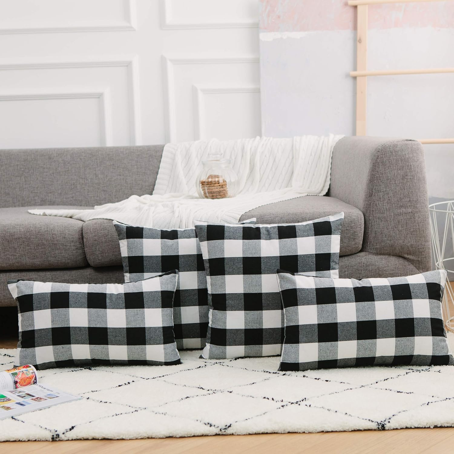 2 Piece Black White Cotton Buffalo Check Plaid Decorative Square Throw Pillow Cover with Invisible Zipper for Bench, 40Cm X 40Cm image number 5