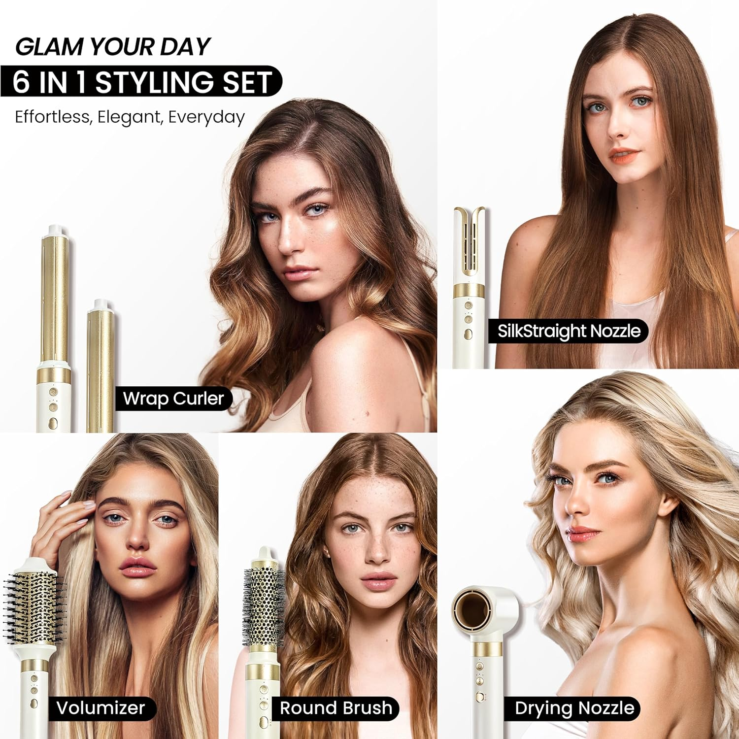 GLAMUP&reg; 6 in 1 Hot Air Styler, Upgraded Long Barrel, round Brush, Powerful High Speed Dryer, Tight Grip, Curling Volumizing Gift Set with Travel Bag