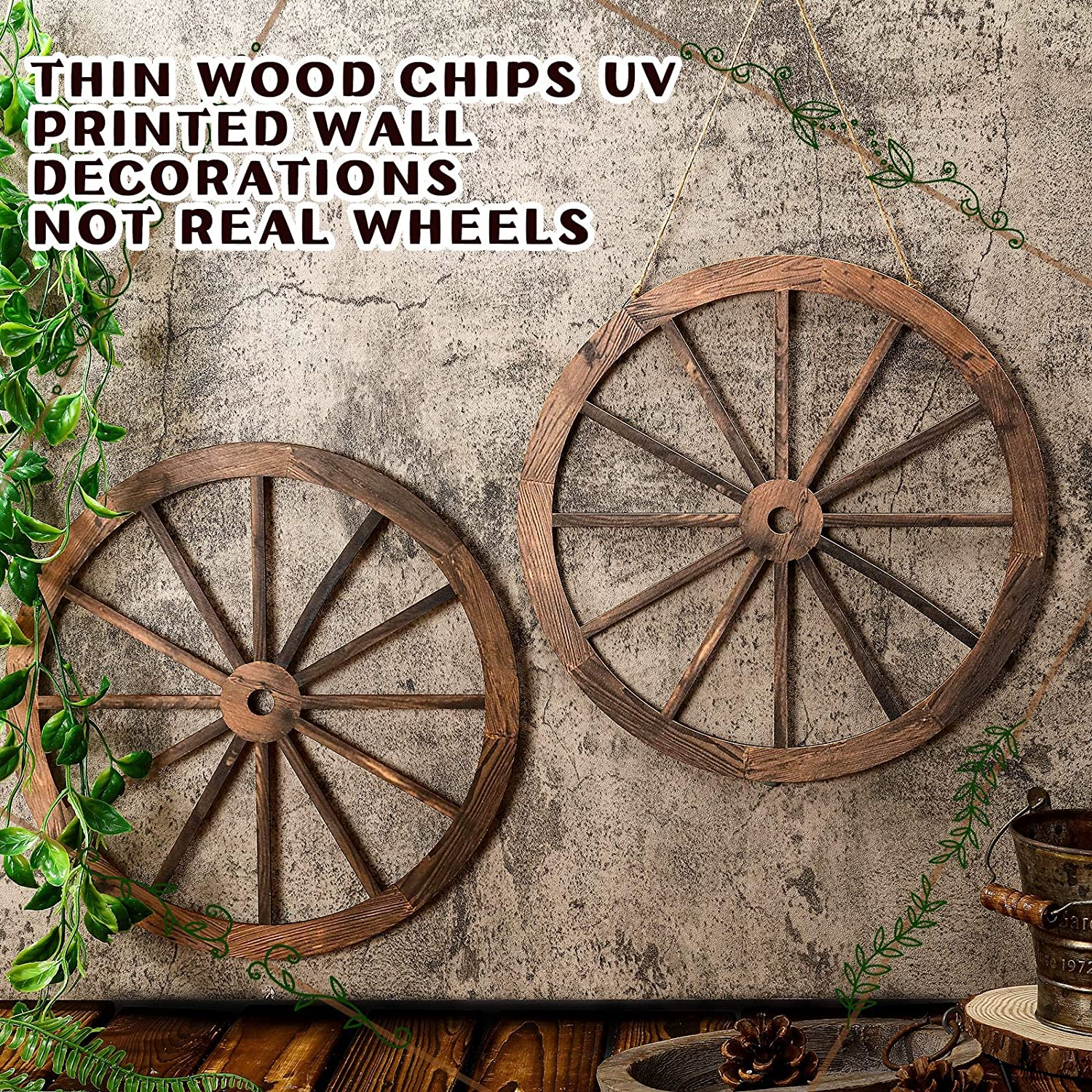 2 Pcs Wagon Wheel Decor Wooden Western Cowboy Party Decorations Vintage Rustic Wagon Wheel Wood Cartwheel Decor for Bar Garage Indoor Outdoor (Brown,12 Inch) image number 4