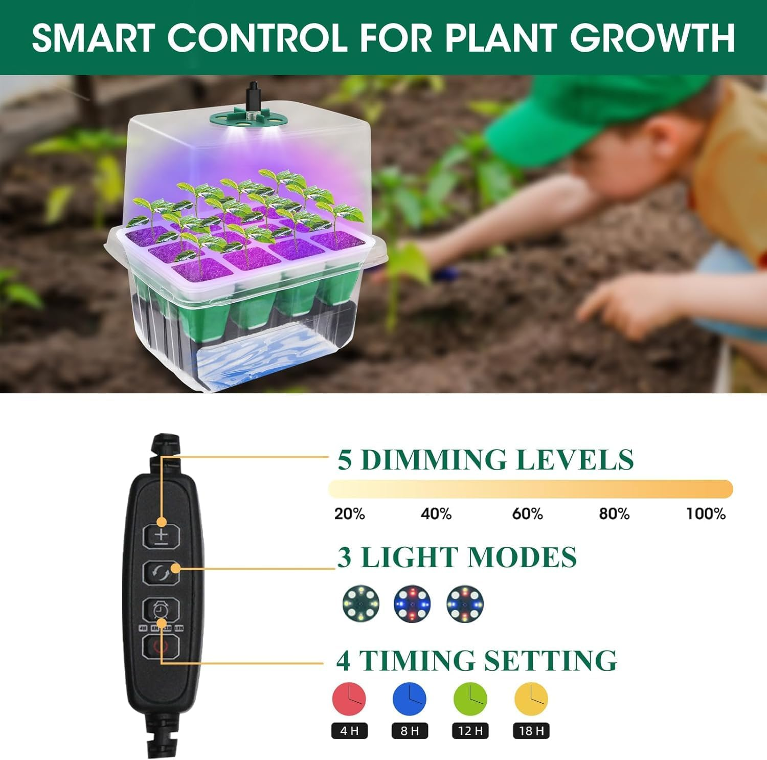 MQHUAYU Self Watering Seedling Tray with Grow Light, 5-Pack 60-Cell Reusable Seed Starter Kit with Soft Silicone, Plant Germination Trays with Humidity Dome for Seeding Planting Growing image number 4