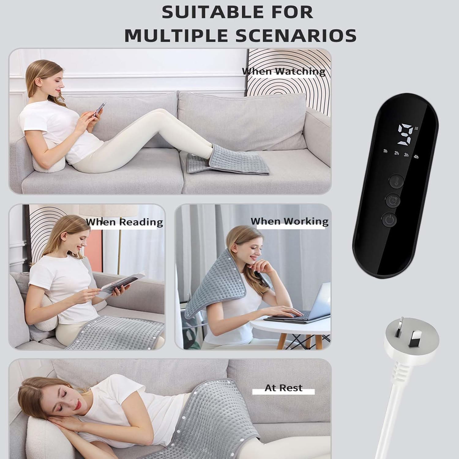 Electric Heating Pad for Pain Relief &ndash; 40X76Cm Washable Grey Plush &ndash; 9 Heat Settings, 4 Timer Options, Auto Shut-Off &ndash; Ideal for Neck, Shoulder, Back, Abdomen & Knee image number 6