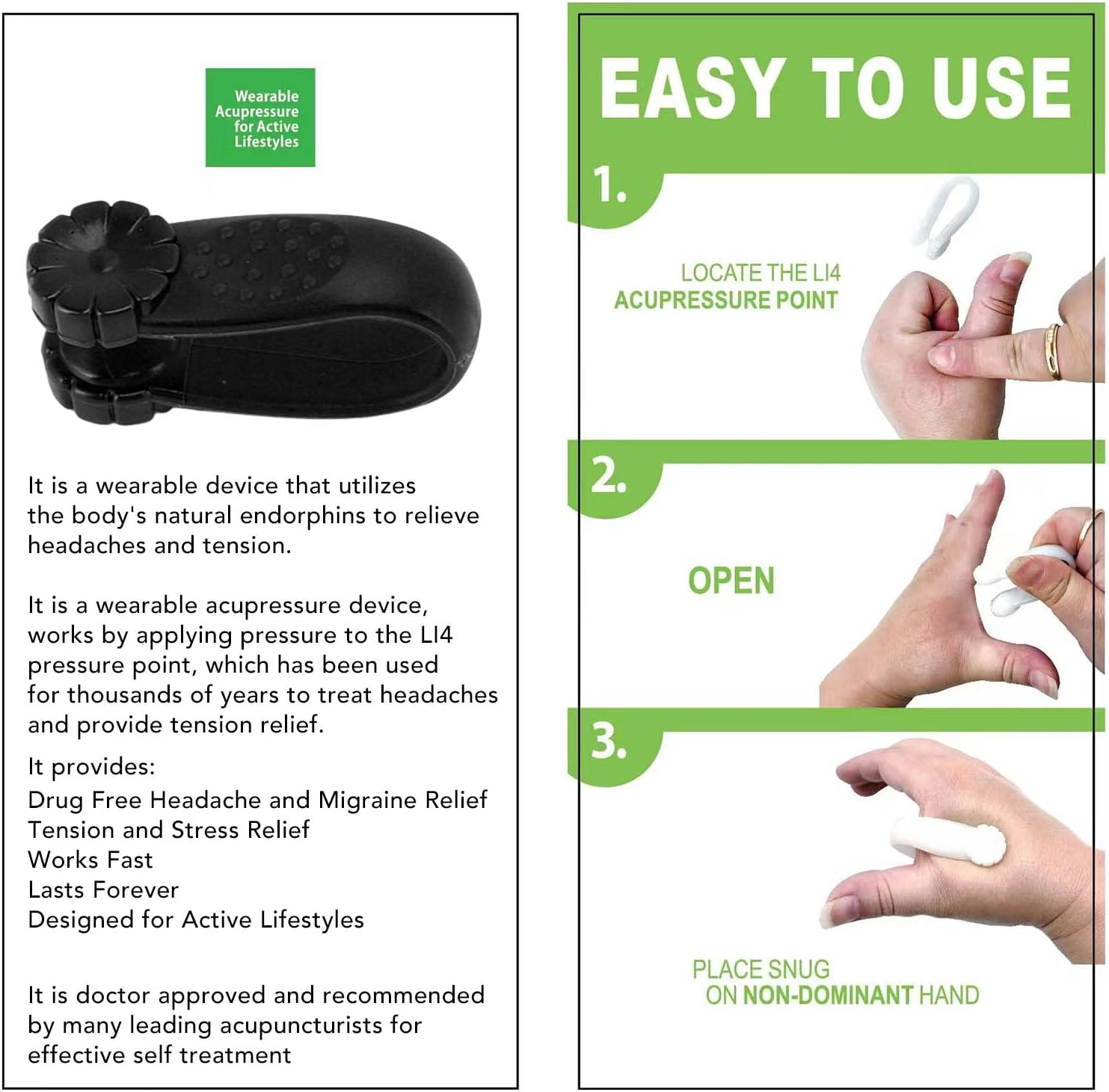 Headache Relief Clip, 8Pcs Plastic Wearable Acupressure for Migraine and Stress Relief Easy Effective Relief Tension Anxiety (Black) - Green image number 4