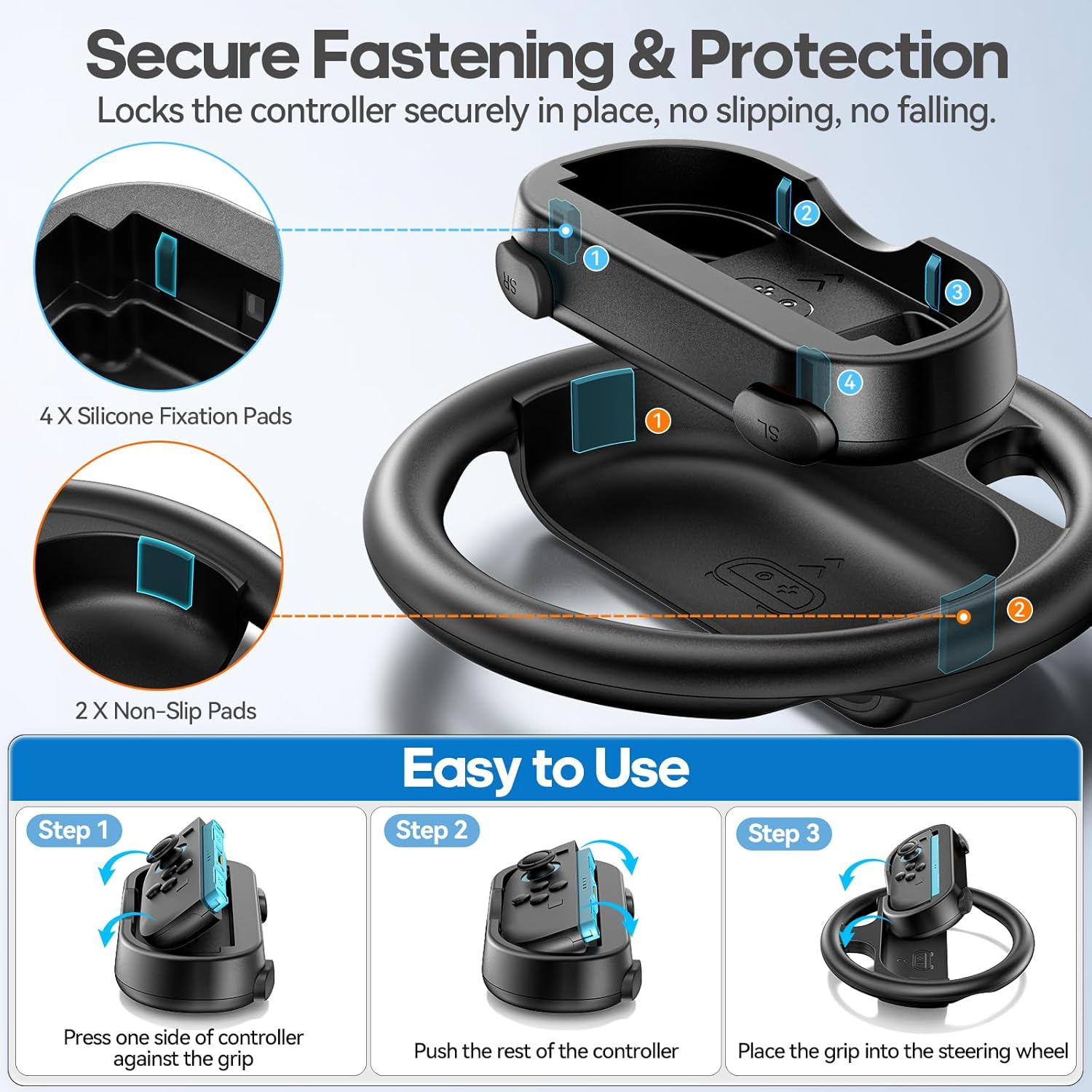 Rysker Steering Wheel & Grip Compatible with Nintendo Switch 2 Joycon, Joycon 2 Racing Wheel with Detachable Controller Grip for Mario Kart World 8 Deluxe, Switch Attachment Accessories, 2 Packs Black image number 2