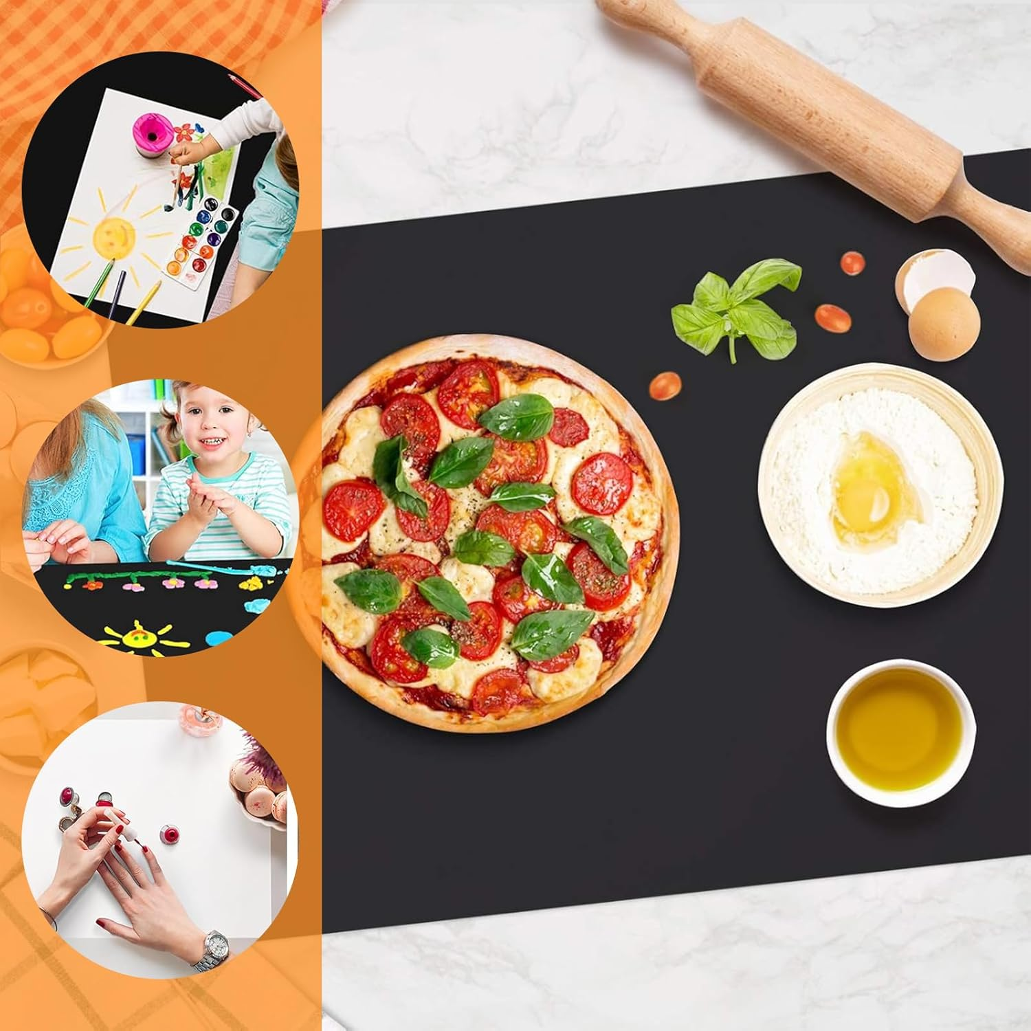 40X60Cm Silicone Mats for Kitchen Counter, Painting Countertop Protector Mat, Waterproof Heat-Resistant Non-Sliptable Protector Mat, Pastry Rolling Dough Pad, Dinner Placemat, Black+White (2 PCS) image number 6