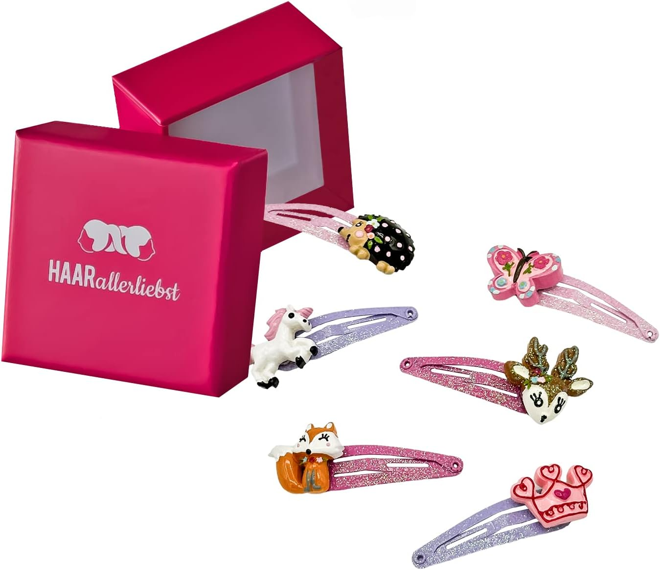 Haarallerliebst Hair Clips Set (6 Pieces | Glitter Butterflies | Colourful) for Girls with Storage Box (Rainbow - Pink)