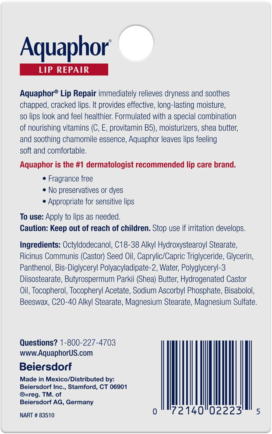 Aquaphor Lip Repair Ointment, Moisturizing Lip Balm Pack, Relieves Dryness, 0.35 Tube, Pack of 2 image number 6