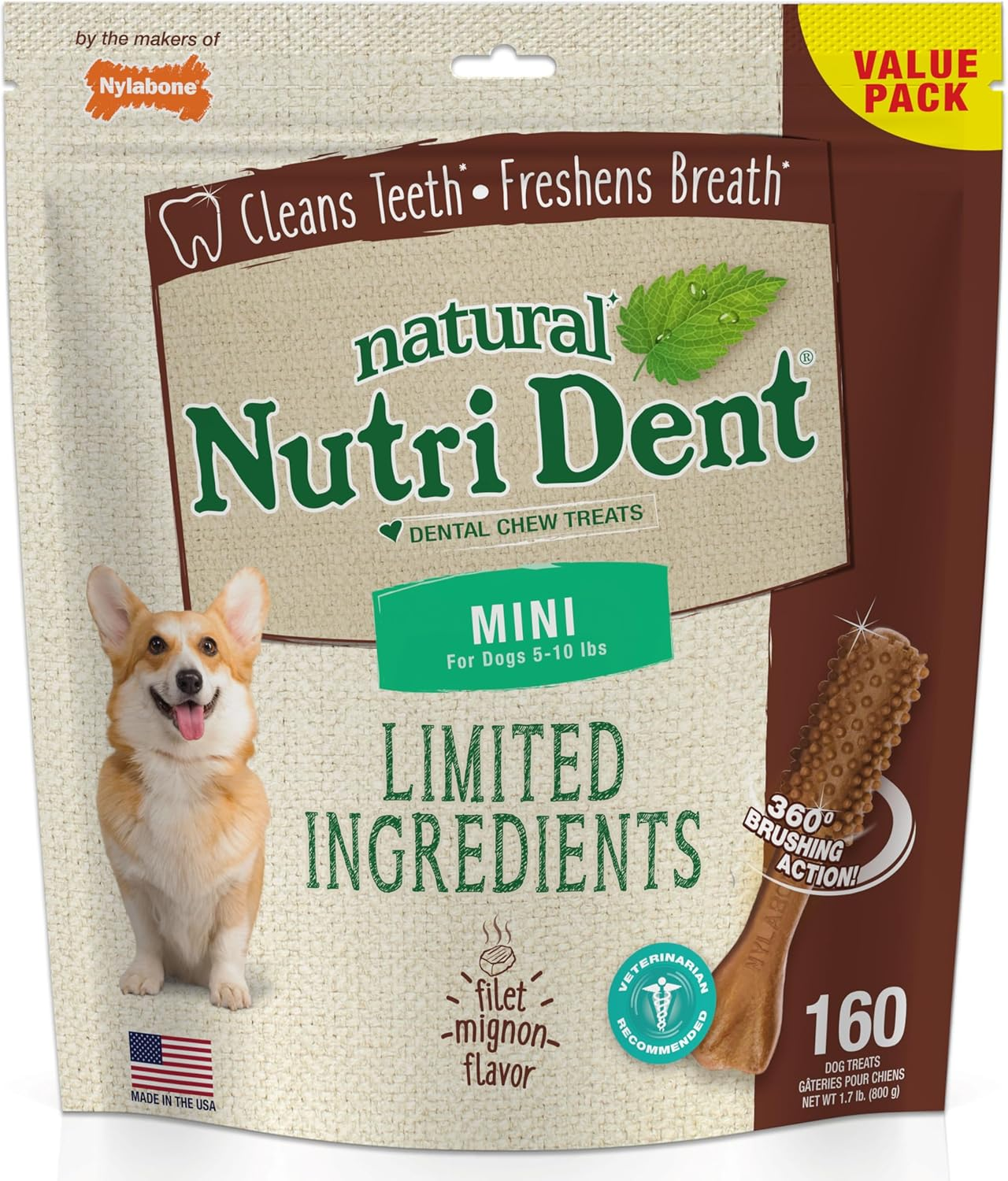 Nylabone Nutri Dent Filet Mignon Flavored Dog Dental Chews Mini (160 Count) image number 3