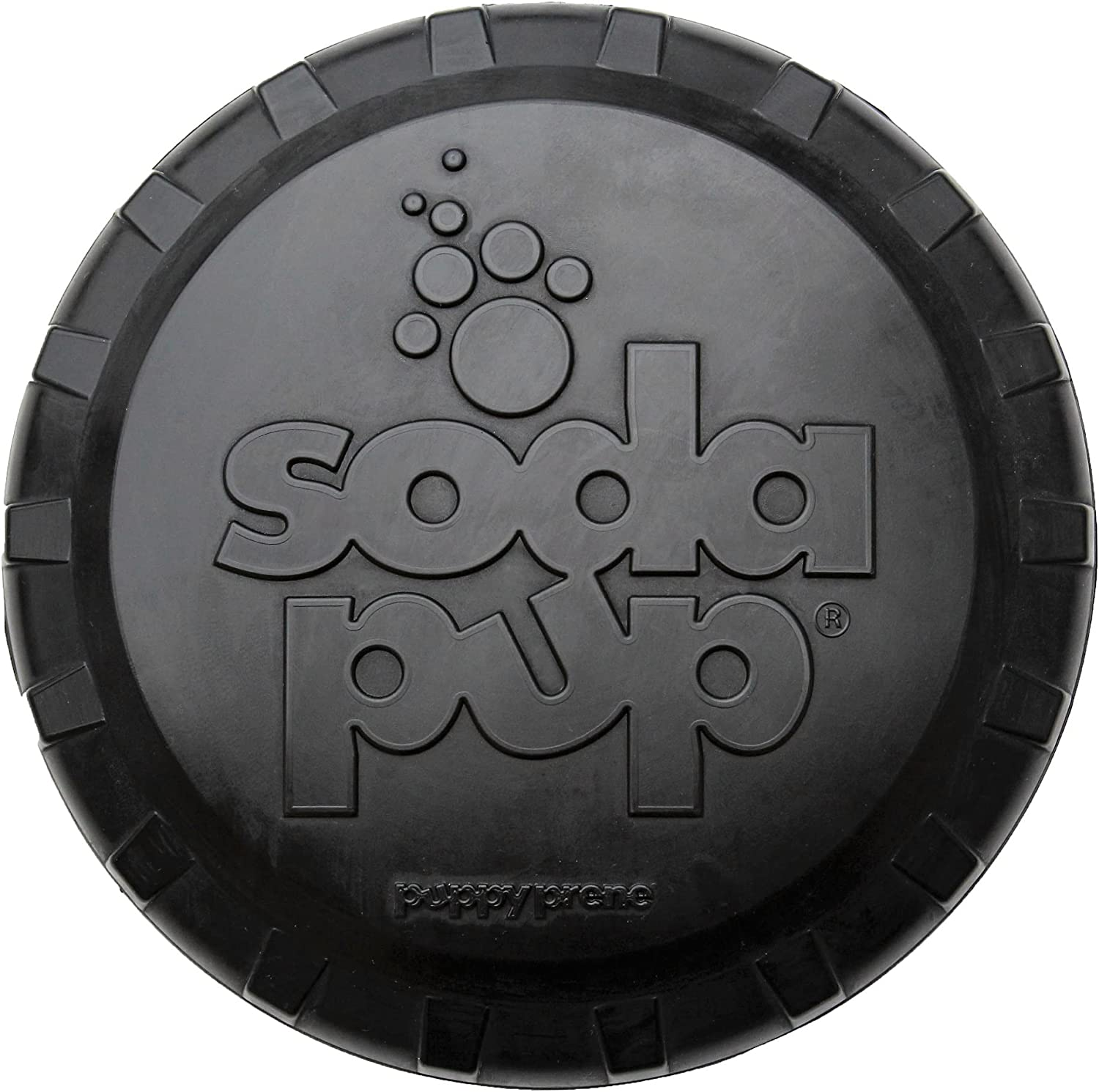 Sodapup Large, Rubber Retrieving Frisbee Dog Toy, Ultra Durable, Black, 24.7Cm Diameter. Tough Magnum Bottle Top Flyer Dog Frisbee and Fetch Toy for Active Dogs 15Kgs+