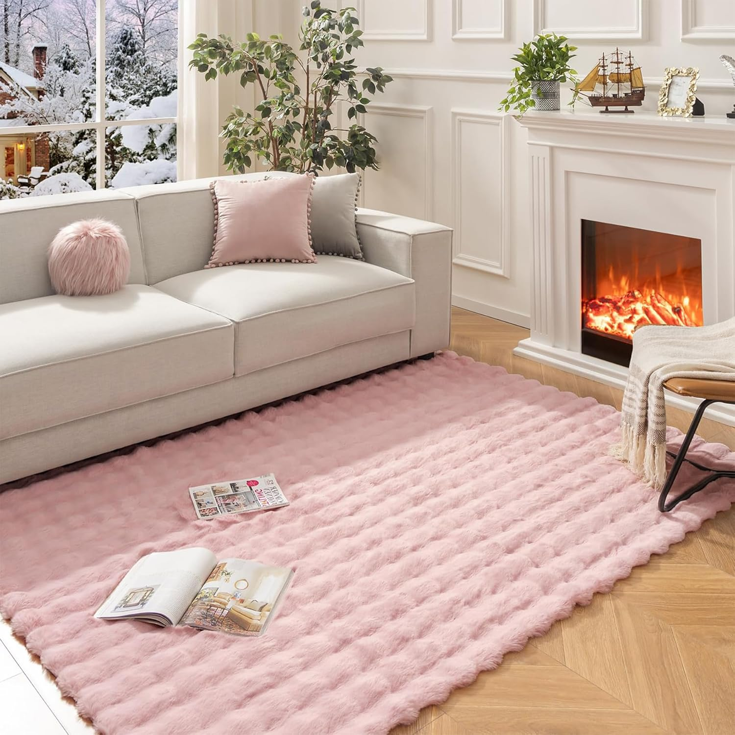 Fluffy Area Rug for Living Room, Luxury High Pile Shaggy Faux Fur Bubble Rugs for Bedroom, Modern Indoor Machine Washable Plush Carpet Anti-Skid Floor Mats for Home Decor (Beige, 120X180Cm)