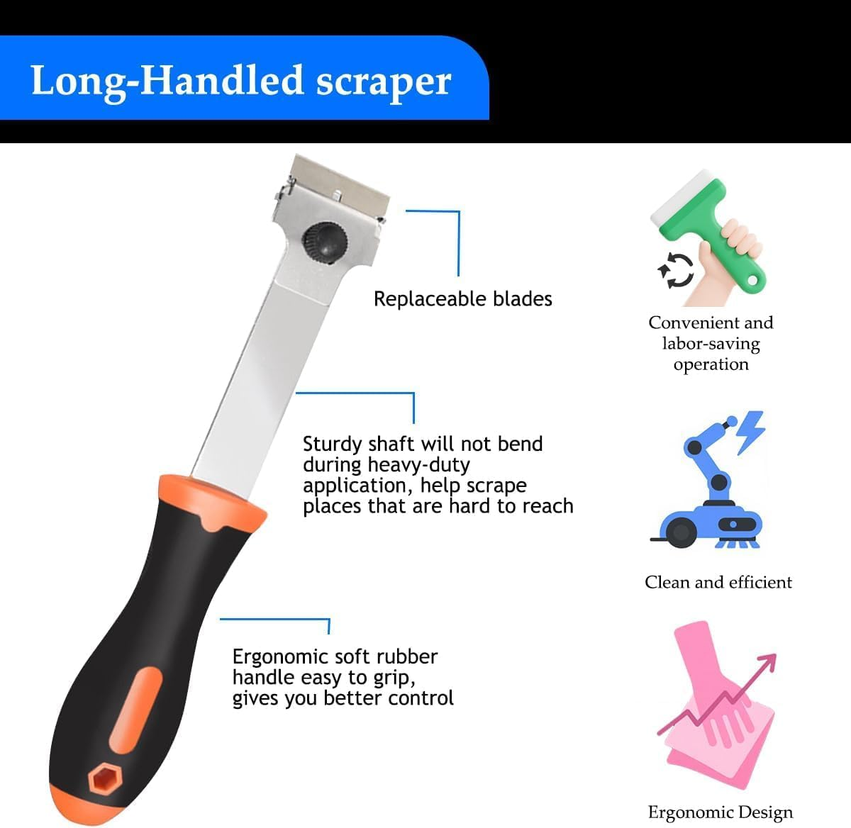 Window Razor Scraper Set, 2 Pack Long Handle Glass Cleaning Tools with 20 Blades Metal and Plastic Blades, Long Handle Cleaning Scraper Tools with Metal and Plastic Blades for Cleaning Sticker image number 4