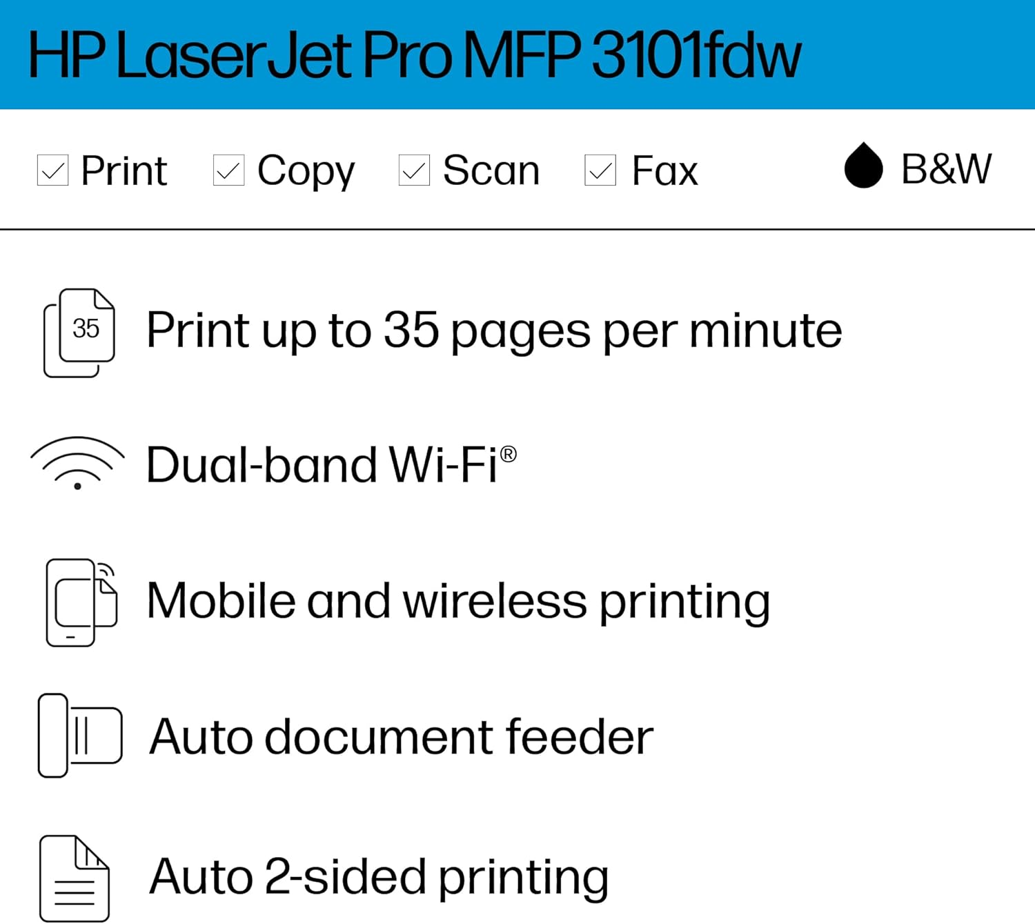 HP Laserjet Pro MFP 3101Fdw Wireless Black & White All-In-One Laser Printer, Scanner, Copier, Fax, Best-For-Office (3G628F) image number 3