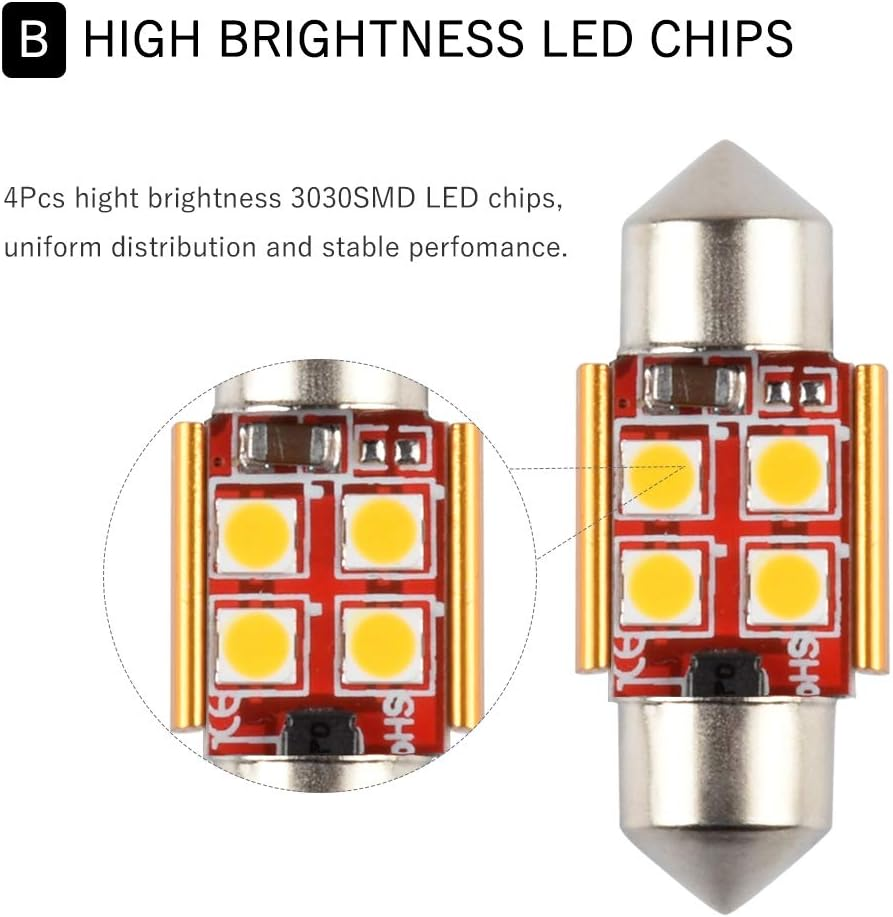 31Mm DE3175 DE3021 DE3022 LED Bulb Dome Light Warm White 3030 SMD for Cars Map License Plate Trunk Side Marker Interior Lights Bulbs Lamps Replacement Bright 12V 2W 1 Year Warranty 1.22 In【1797】 image number 4