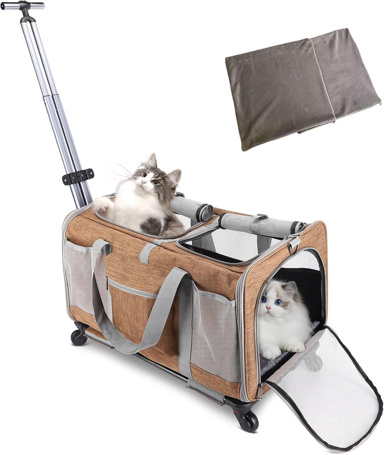 PANTREE Cat Carrier Soft with Wheels, Double Compartment Foldable Rolling Cat Carrier for 2 Small Cats and Dogs, Fully Breathable for Traveling/Hiking/Camping/Veterinary Visits (Brown)