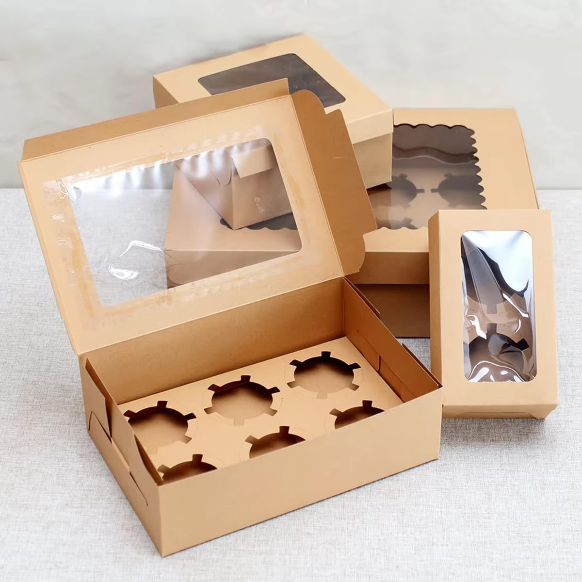 AIMALL 25Pcs Kraft Paper Cupcake Boxes with Window, 1/2/4/6/8/12 Cupcake Capacity, Maffen Packing Box for Desserts - 1 Hole image number 5