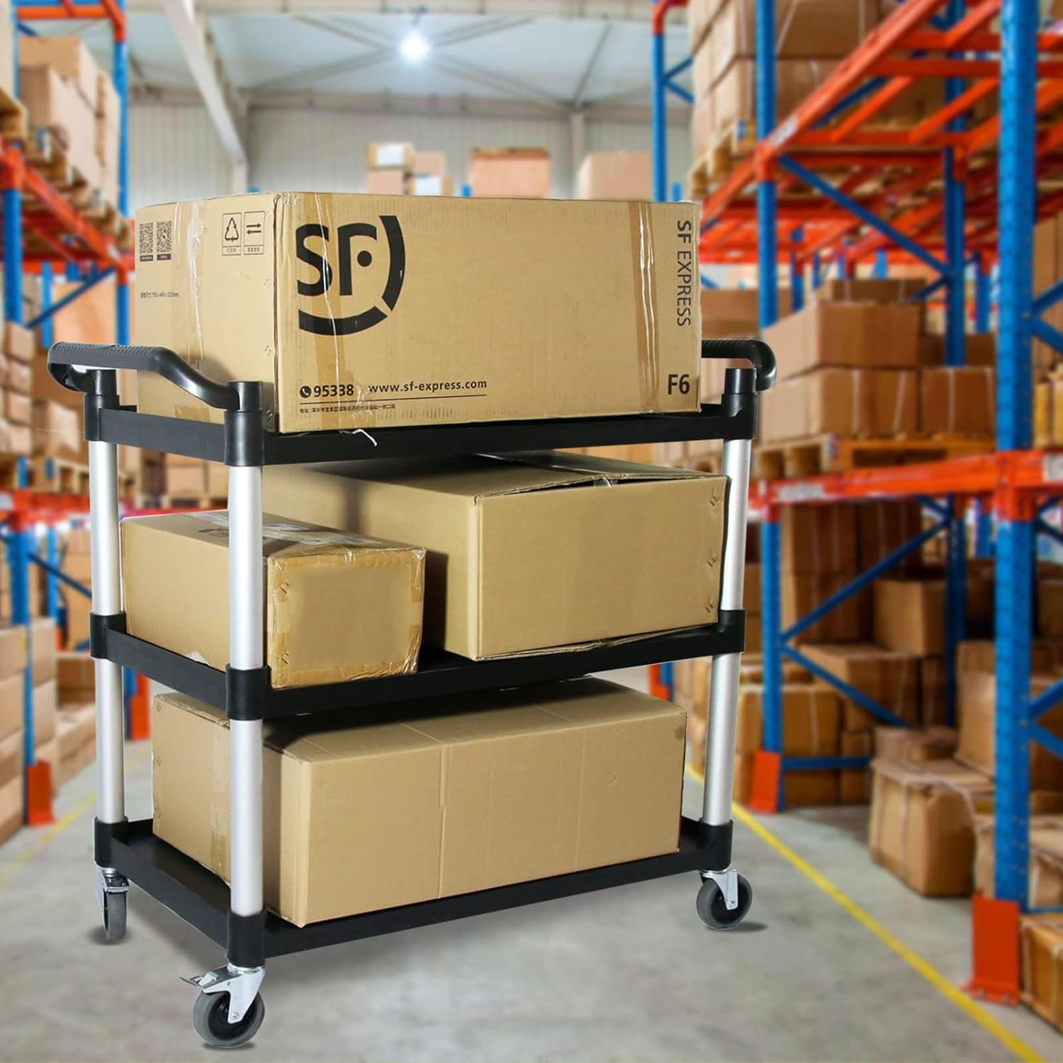 3 Tier Utility Service Catering Carts, Restaurant Kitchen Food Serving, with Wheels (2 with Brakes), Large Shelf Storage, Duty Heavy Cart Trolley for Bar、Salon、Warehouse、Office(Black image number 3