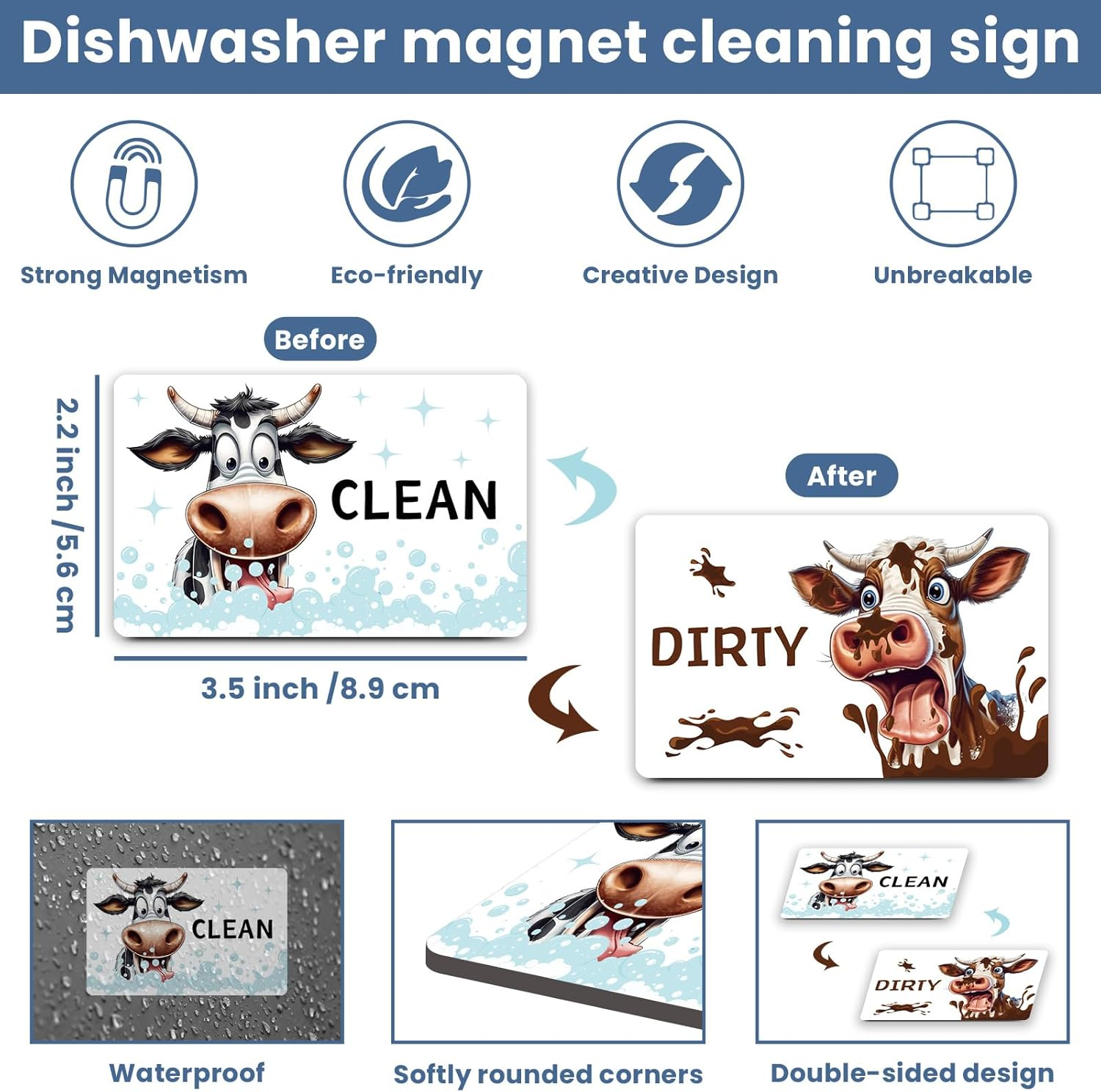 HSSPIRITZ Funny Cow Cute Cartoon Clean Dirty Dishwasher Magnet,Washing Machine Magnet Flip,Cow Kitchen Refrigerator Clean Dirty Sign,Double Sided Strong/Non Scratch(Cow)