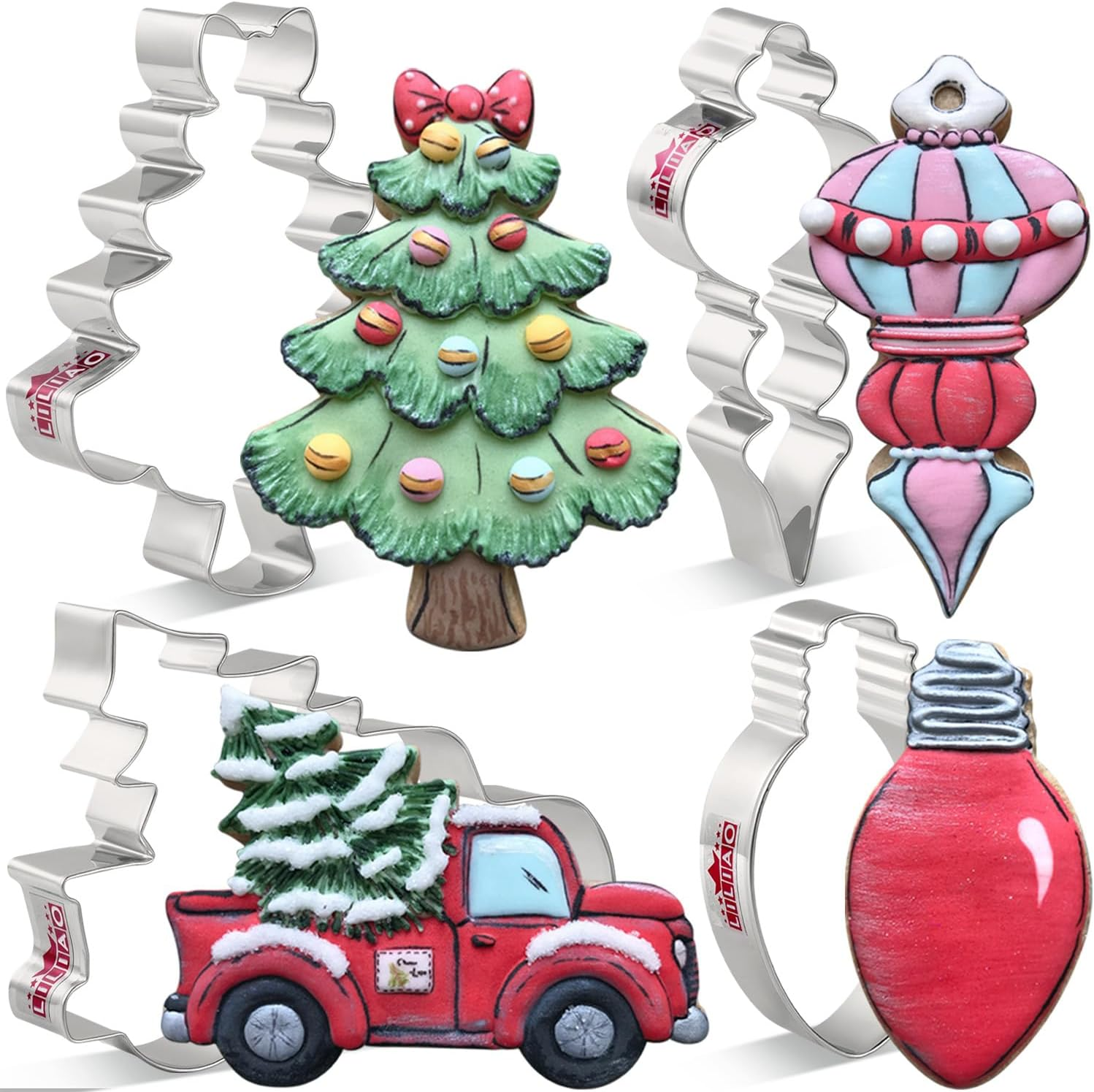 LILIAO Christmas Cookie Cutter Set, 4-Pc, Pickup Truck with Christmas Tree, Christmas Tree, Light Bulb and Christmas Ornament Biscuit Fondant Cutters, Stainless Steel image number 2