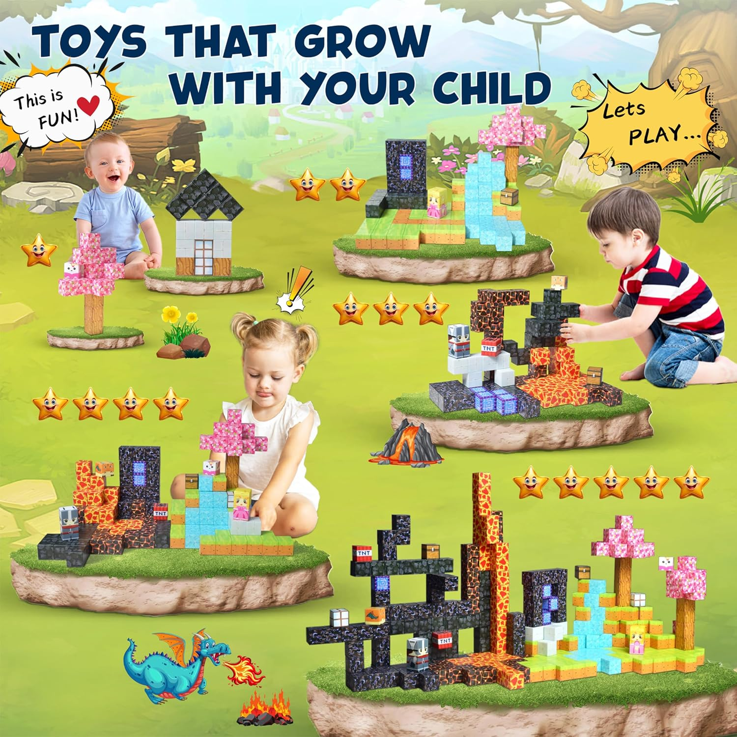 Magnetic Blocks 150PCS, Magnetic Tiles Building Blocks, Mine Magnet Building Blocks Magic Portal Adventure Set, STEM Montessori Sensory Toys for Boys & Girls 3+Years Old, Kids Toys Birthday Gifts image number 1