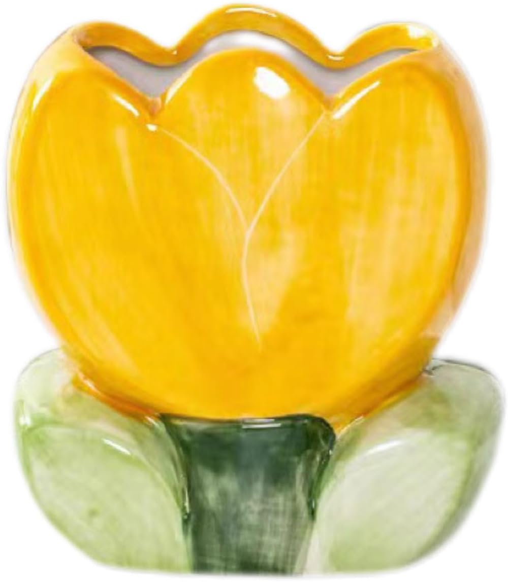TANG SONG Ceramic Tulip Make up Brush Holder Flower Cosmetic Storage Box Pen and Pencil Holder Desktop Organizers (Yellow) image number 2