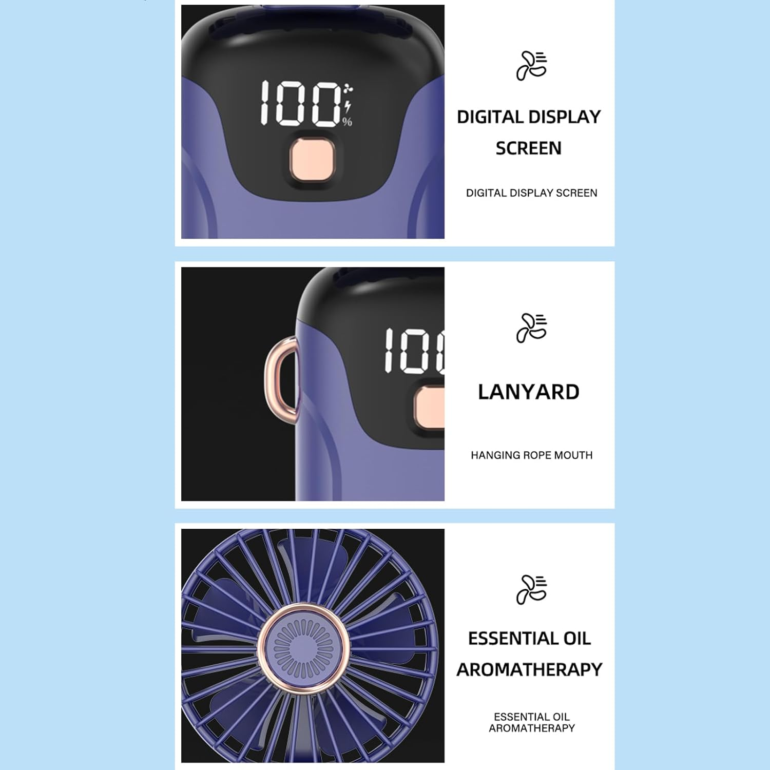 Handheld Fan, Portable Fan, USB Rechargeable Personal Fan, 90&deg; Foldable Mini Desk Fan, 5 Wind Speeds, LED Digital Display, Lanyard Can Be Used as Neck Fan Suitable for Office/Travel/Outdoor Use （Bule） image number 6