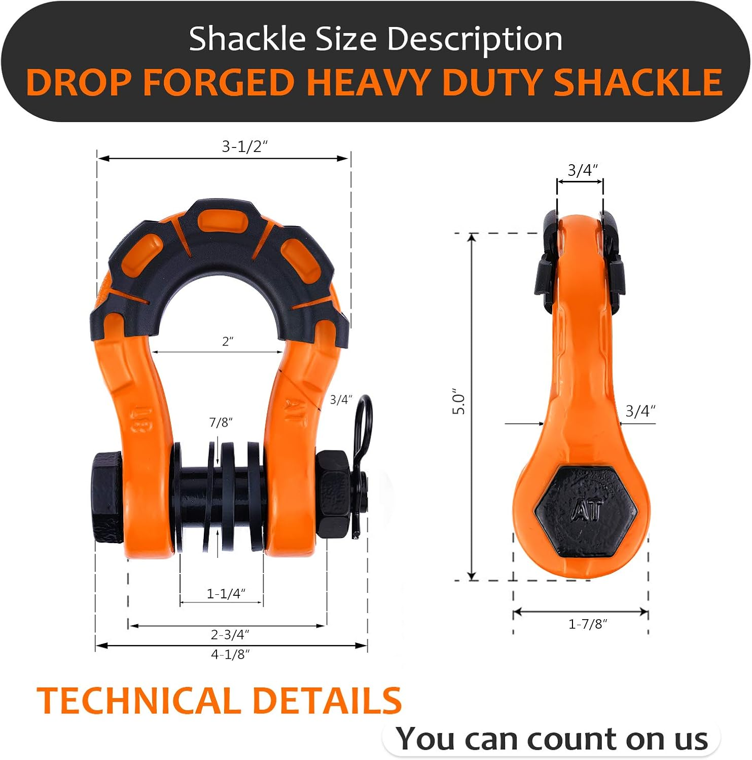 AMBULL Shackles Upgrade 3/4" D Ring Shackle (2 Pack) 70,000 Lbs Break Strength with 7/8" Pin, Isolator and Washer Kits for Use with Tow Strap, Winch, Off-Road Truck Vehicle Recovery, Orange image number 6