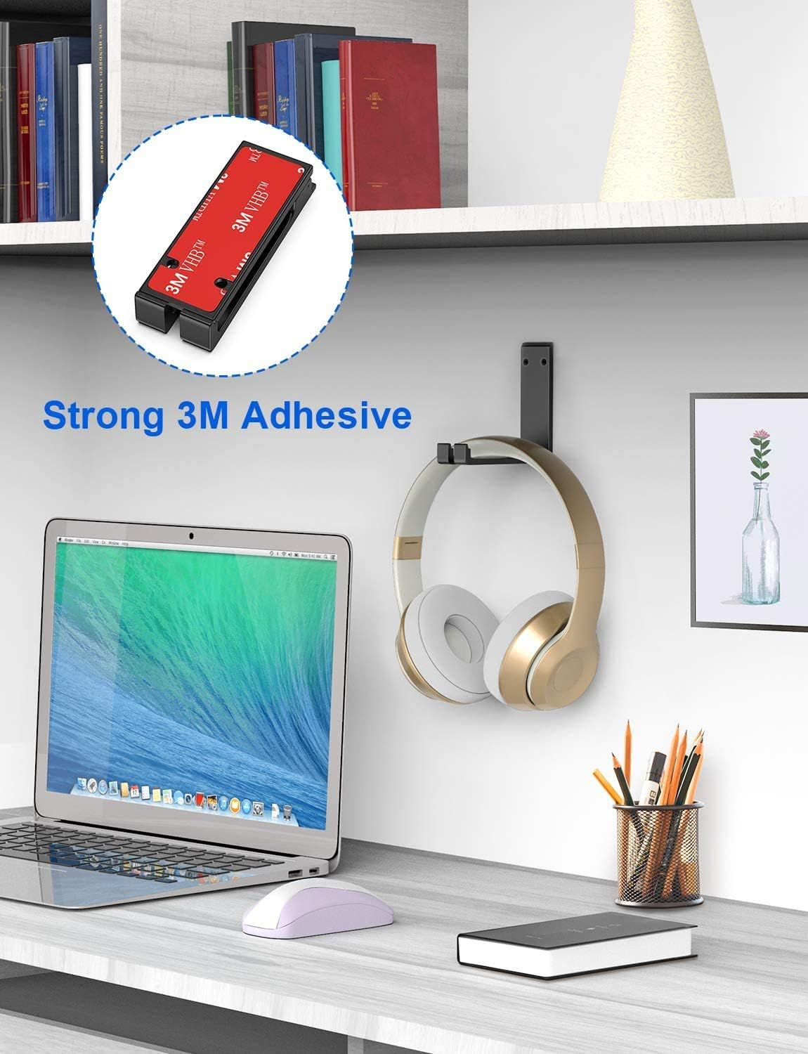 Foldable Headphone Hanger Holder Mount, Link Dream Aluminum Headset Hook Strong 3M Adhesive Headphone Hanger Mount with Cable Organizer for All Headphones - Space Saving Design (Black) image number 6
