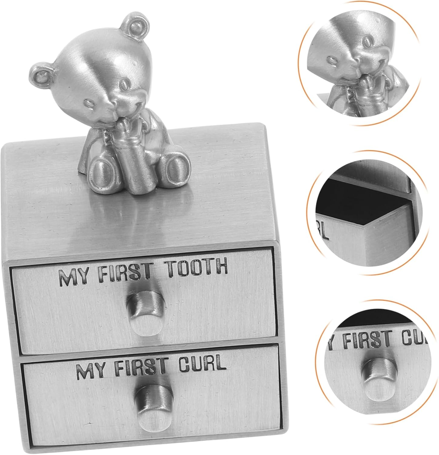Metal Baby Keepsake Box with Double Layer Infant Tooth and Hair Curl Holder, Antique Tin Color for Baby First Tooth and Hair Collection, Desk Trinket Organizer for Newborn image number 4