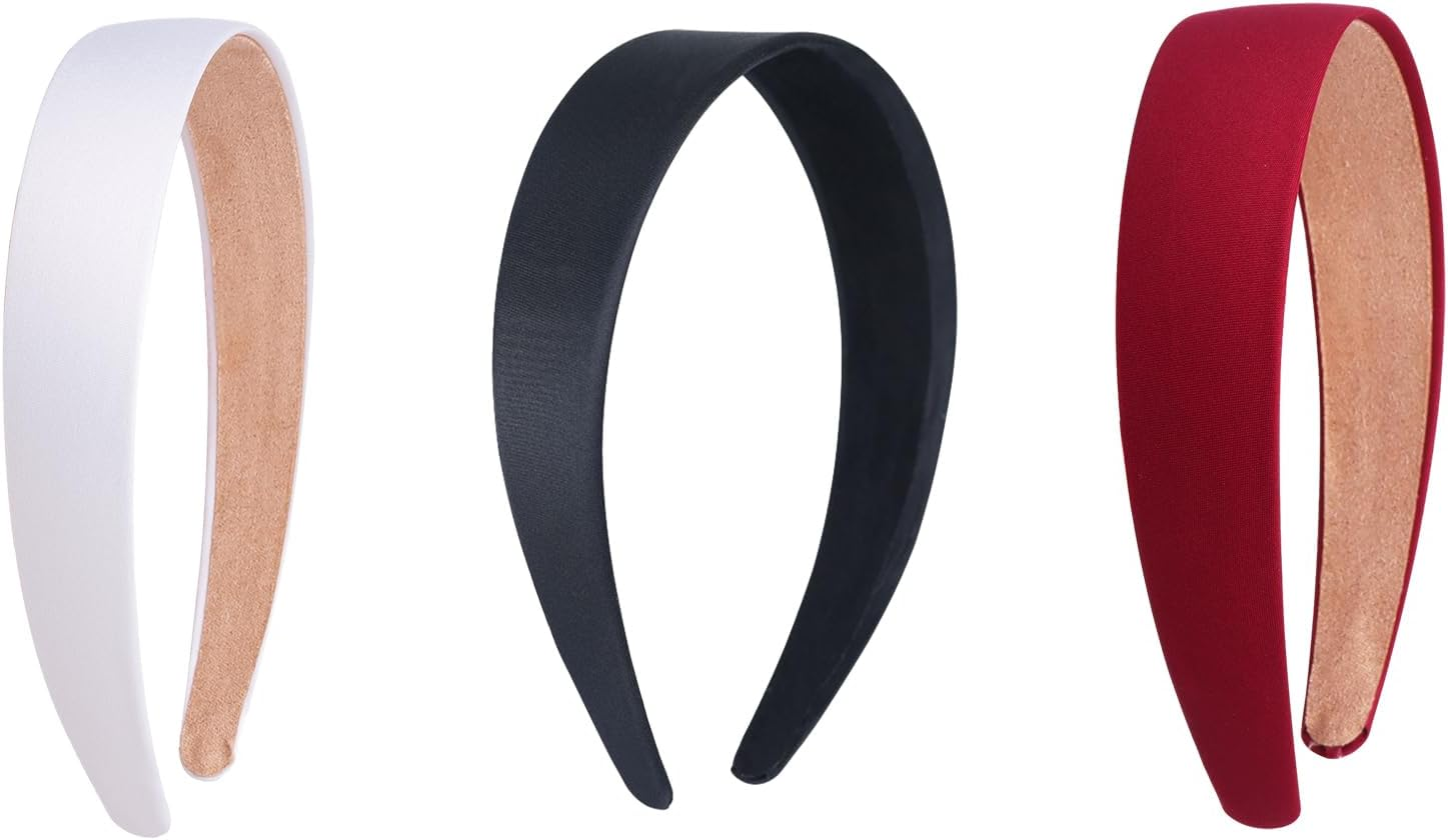 Pack of 3 Satin Headbands Non-Slip Headband for Women Headband Satin Retro Style Hair Band Fashion Comfortable Headbands for Women and Girls (Black, White, Red) image number 5
