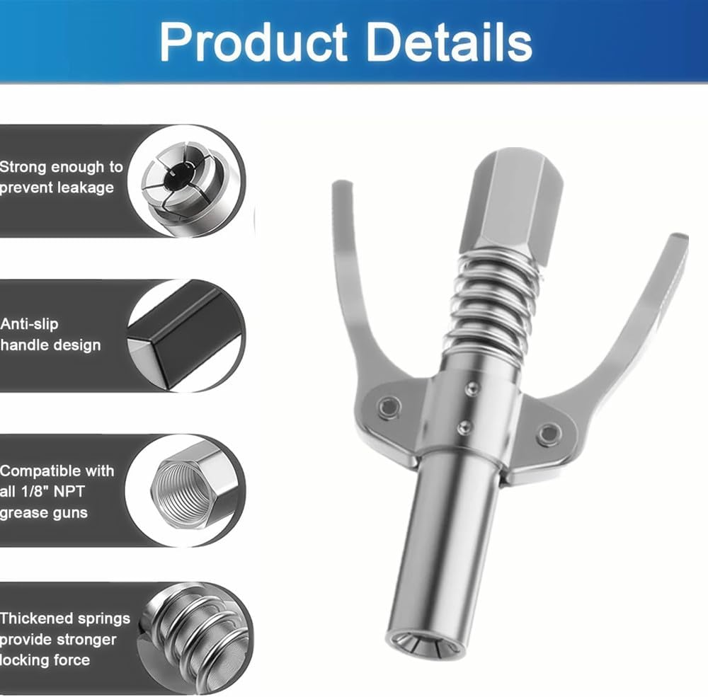 Grease Gun Coupler,Heavy-Duty Quick Lock and Release Grease Coupler, Double Handle Quick Lock Release Grease Tips Ends Couplers,With 40 Cm Spring Hose image number 3
