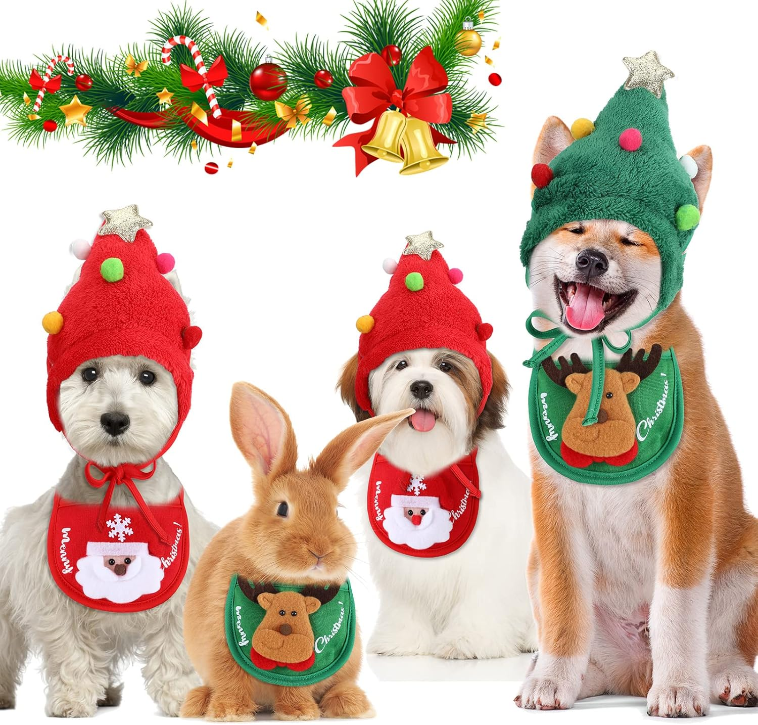 Lauwell 4 Pcs Christmas Dog Pet Costume Include 2 Christmas Tree Hat Small Dog Headgear and 2 Adjustable Collars Bib Santa Elf Cat Bib for Xmas Dog Cat Outfit Clothing Party Accessory image number 1