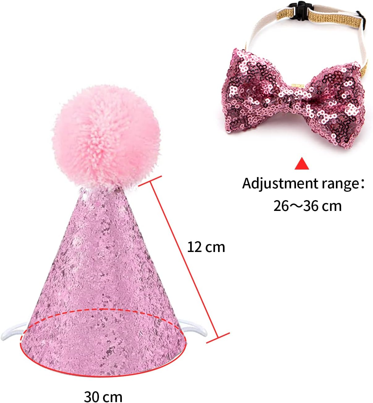 Dog Adjustable Birthday Hat with Bowtie Collar Wool Pompon Cute Pet Costume Paillette Cap Bandana for Dog Cat (Pink) image number 2